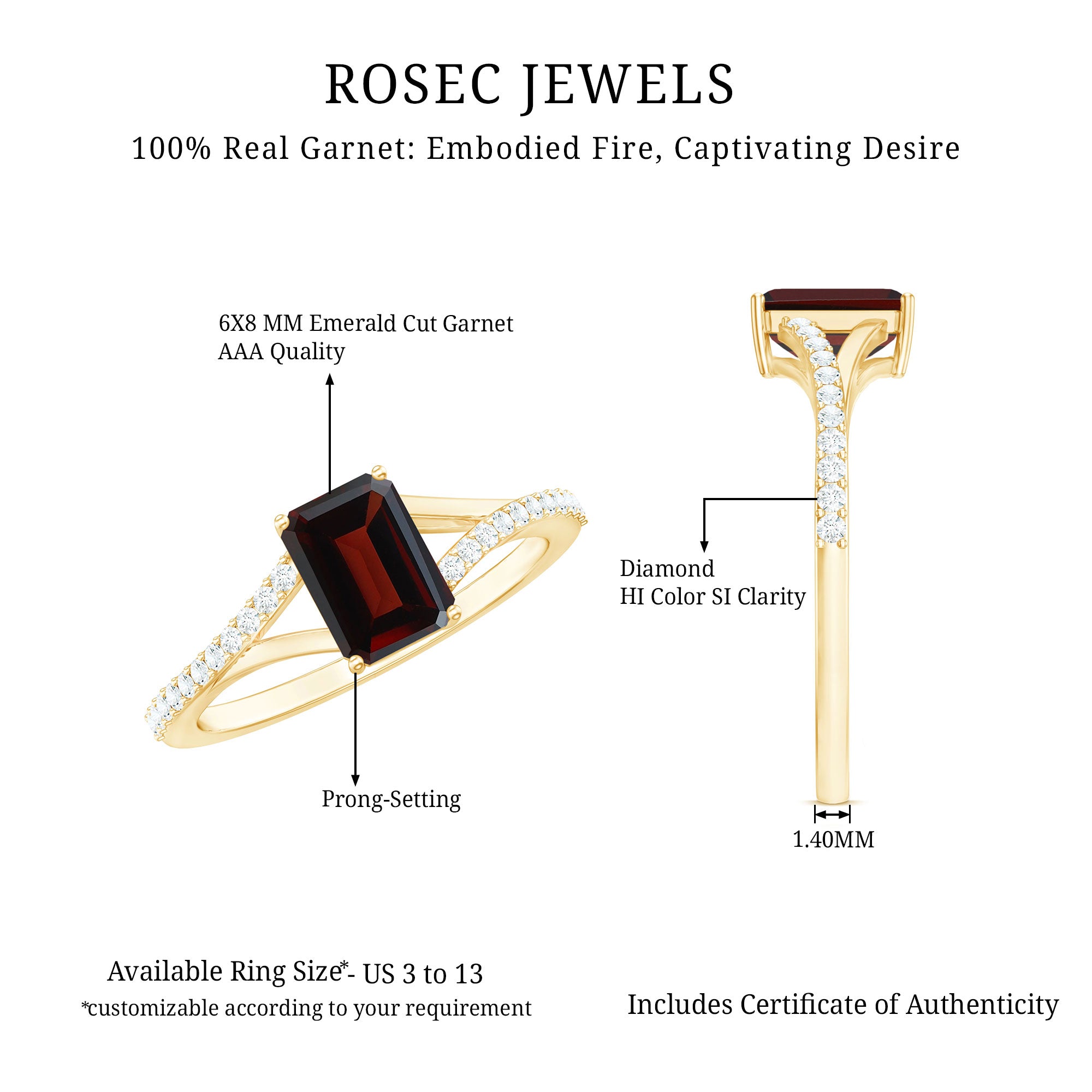 Certified Natural Garnet Emerald Cut Engagement Ring with Diamond Split Shank AAA - Rosec Jewels