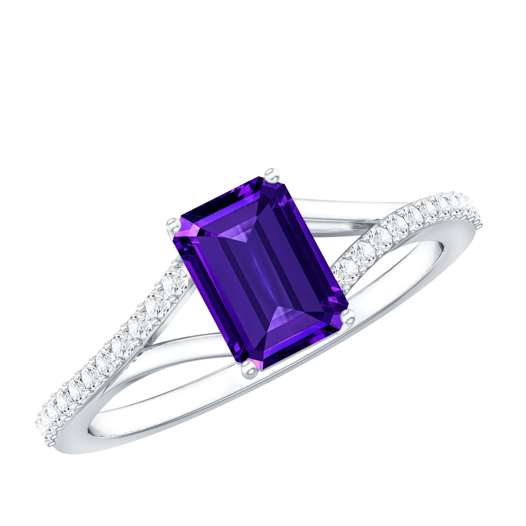 1.4 Carat Amethyst Emerald Cut Engagement Ring with Diamond Split Shank AAA - Rosec Jewels