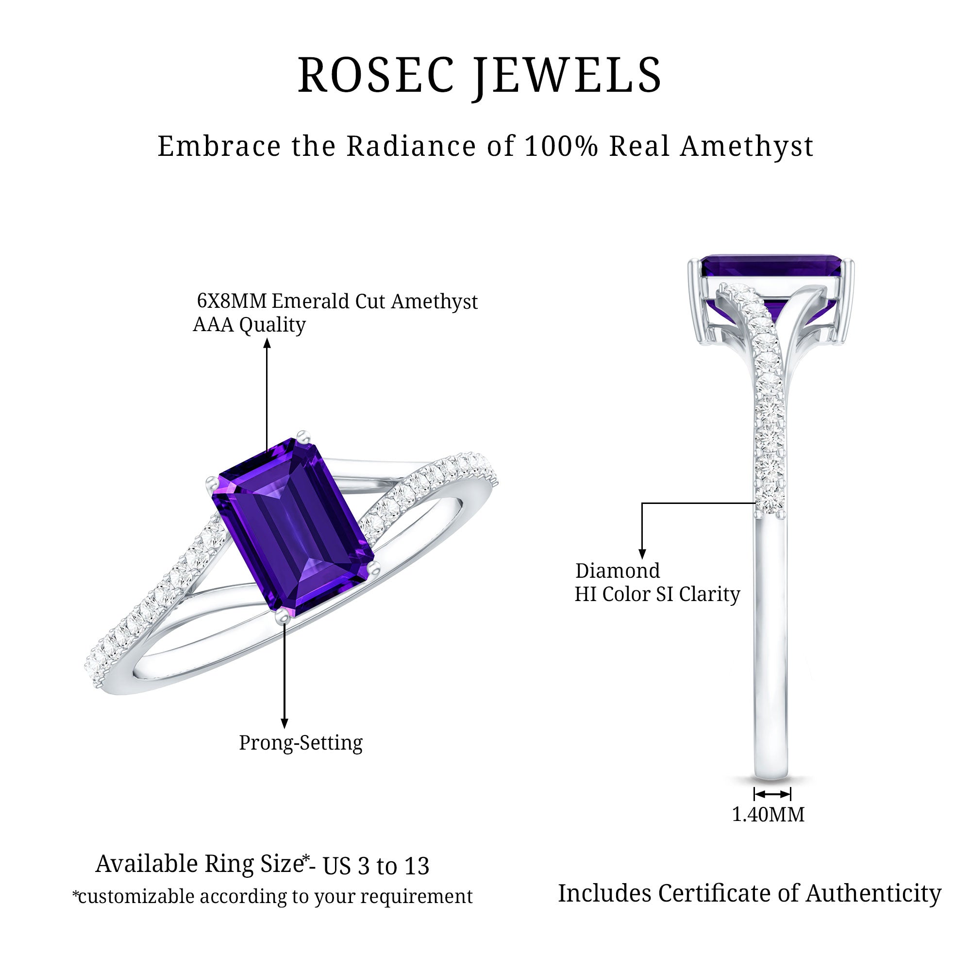 1.4 Carat Amethyst Emerald Cut Engagement Ring with Diamond Split Shank AAA - Rosec Jewels