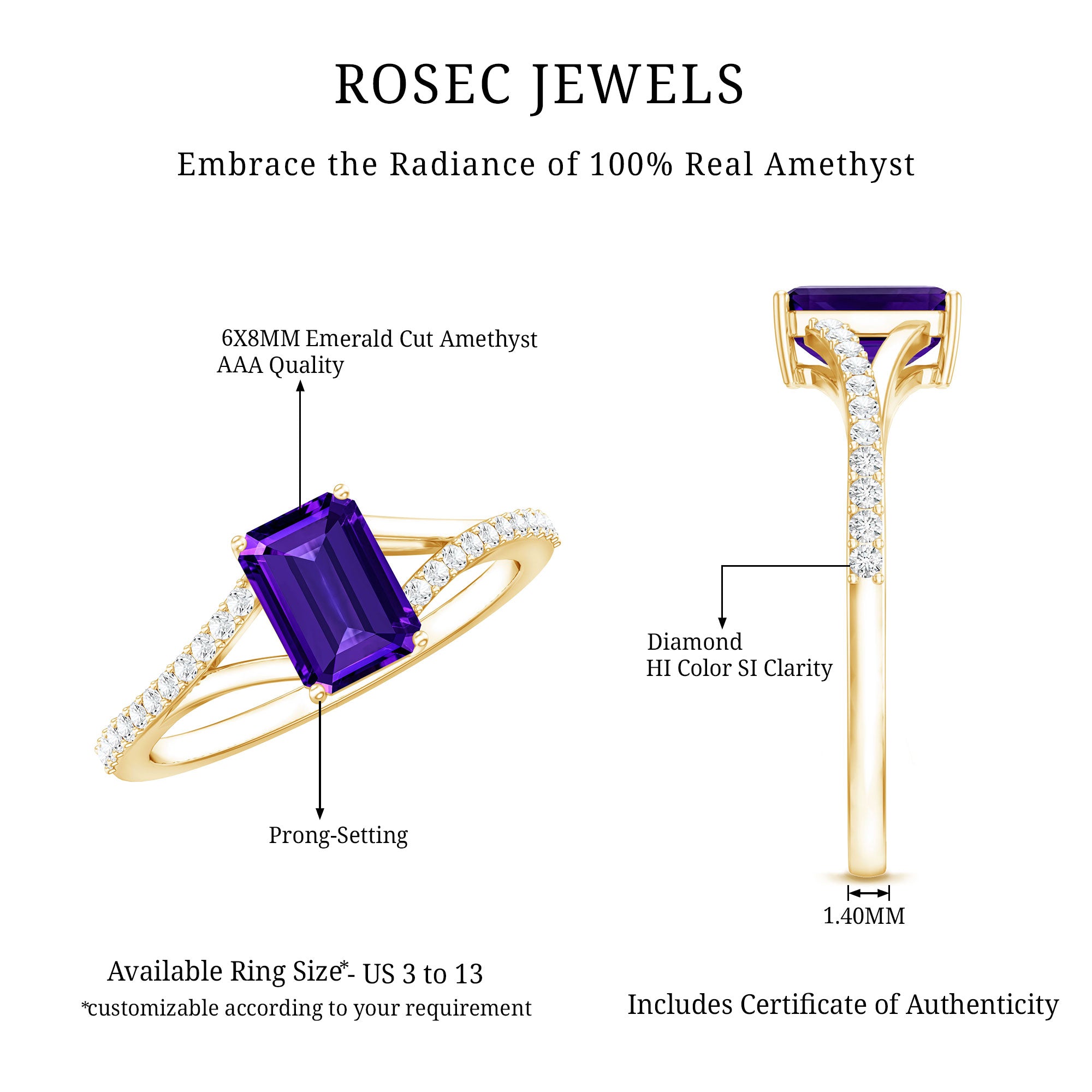 1.4 Carat Amethyst Emerald Cut Engagement Ring with Diamond Split Shank AAA - Rosec Jewels