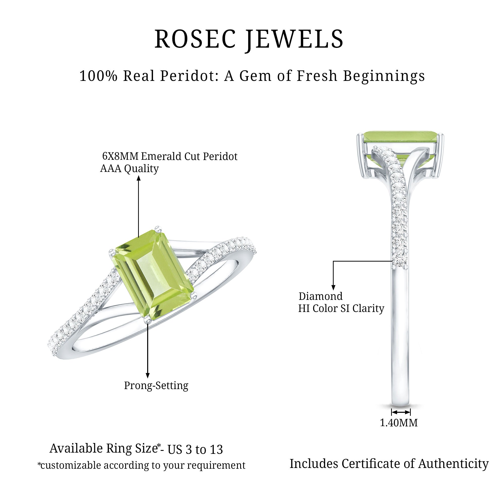 1.8 Carat Peridot Emerald Cut Engagement Ring with Diamond Split Shank AAA - Rosec Jewels