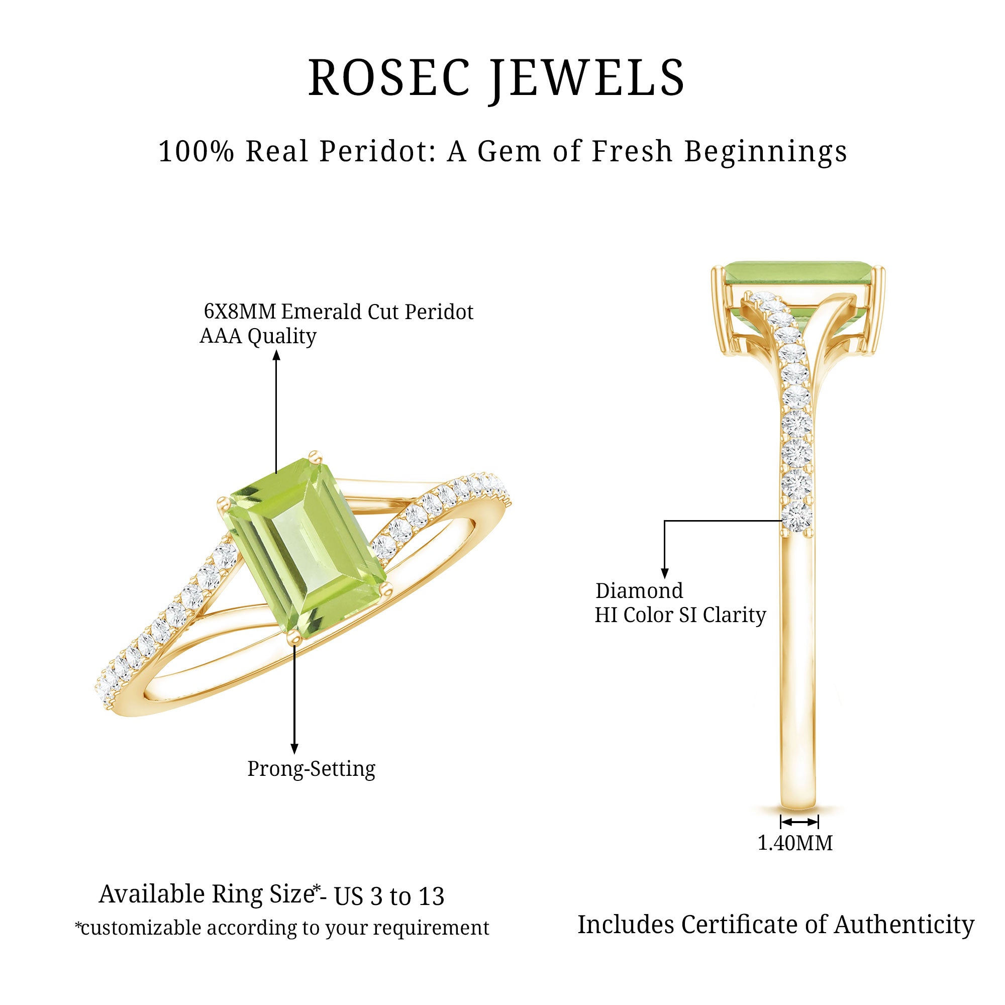 1.8 Carat Peridot Emerald Cut Engagement Ring with Diamond Split Shank AAA - Rosec Jewels