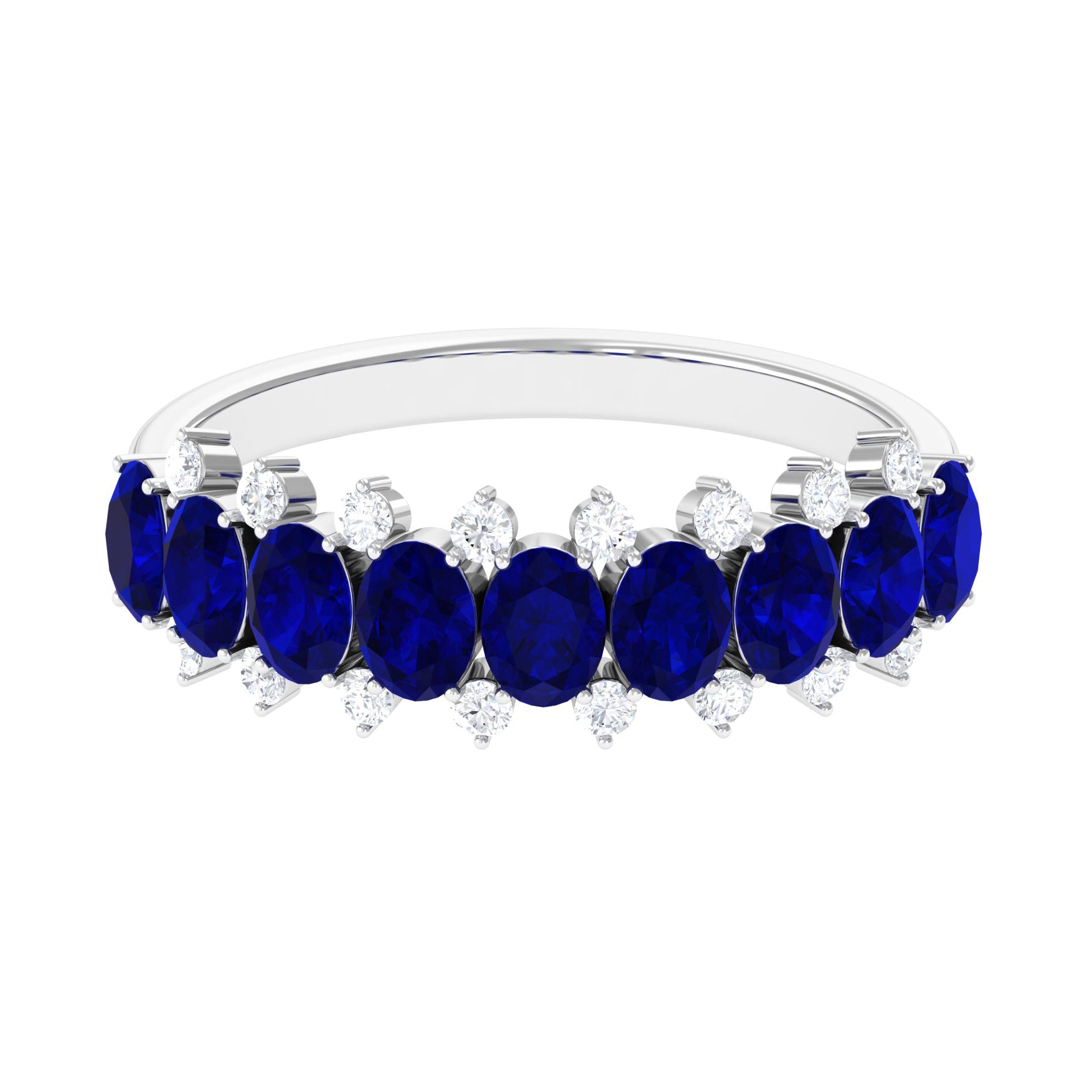 Natural Oval Blue Sapphire Half Eternity Band with Diamond AAA - Rosec Jewels