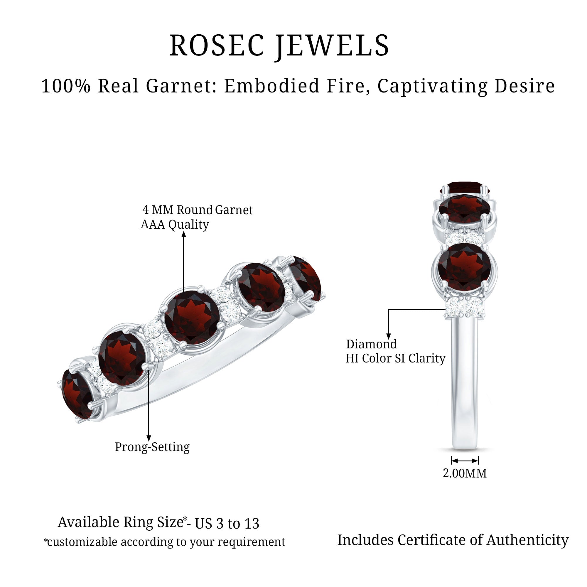 Certified Real Garnet Half Eternity Wedding Band with Diamond AAA - Rosec Jewels