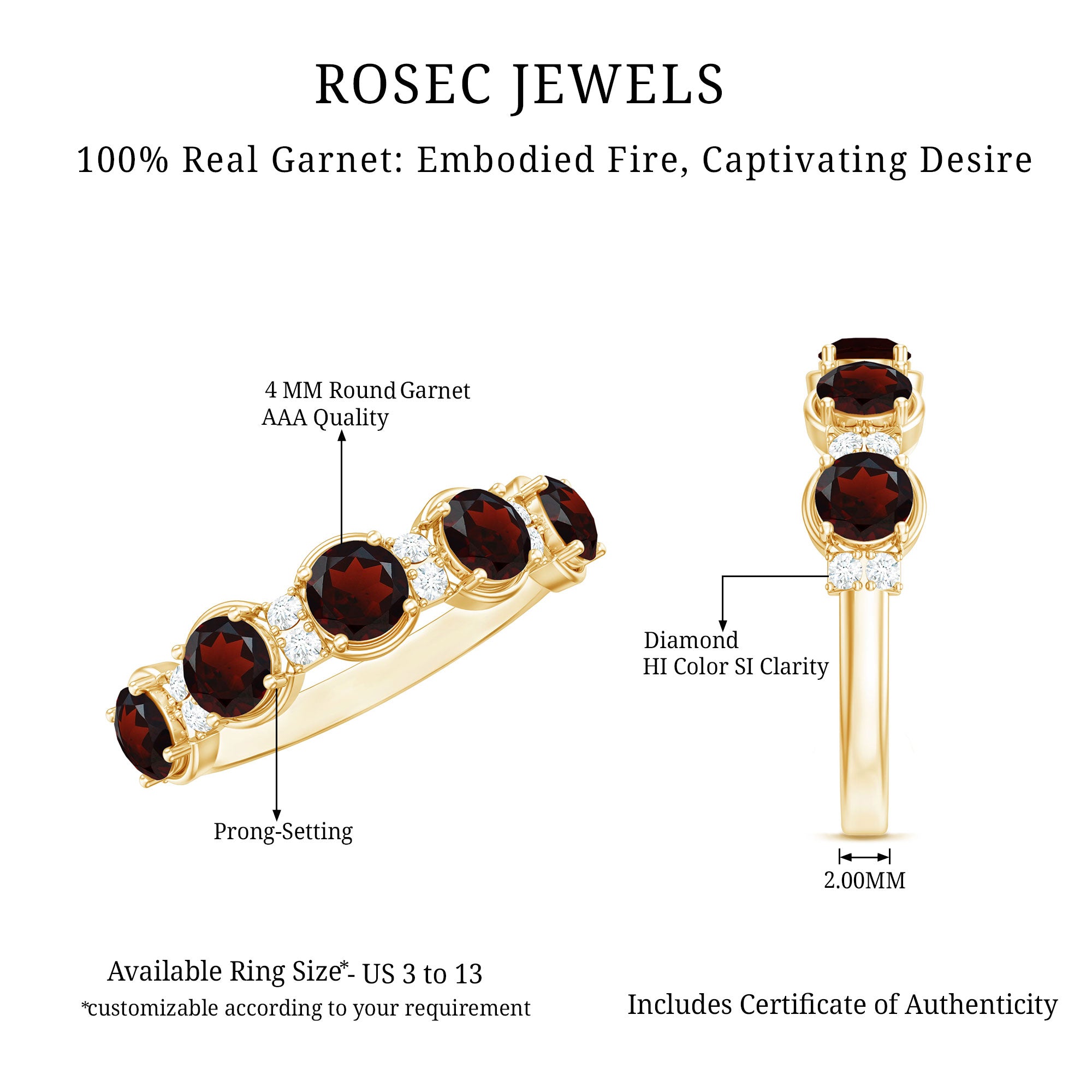 Certified Real Garnet Half Eternity Wedding Band with Diamond AAA - Rosec Jewels