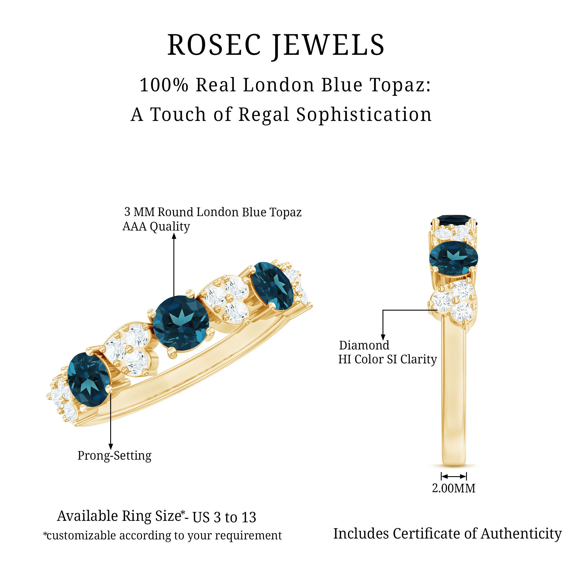 Natural London Blue Topaz Semi Eternity Ring with Diamond AAA - Rosec Jewels