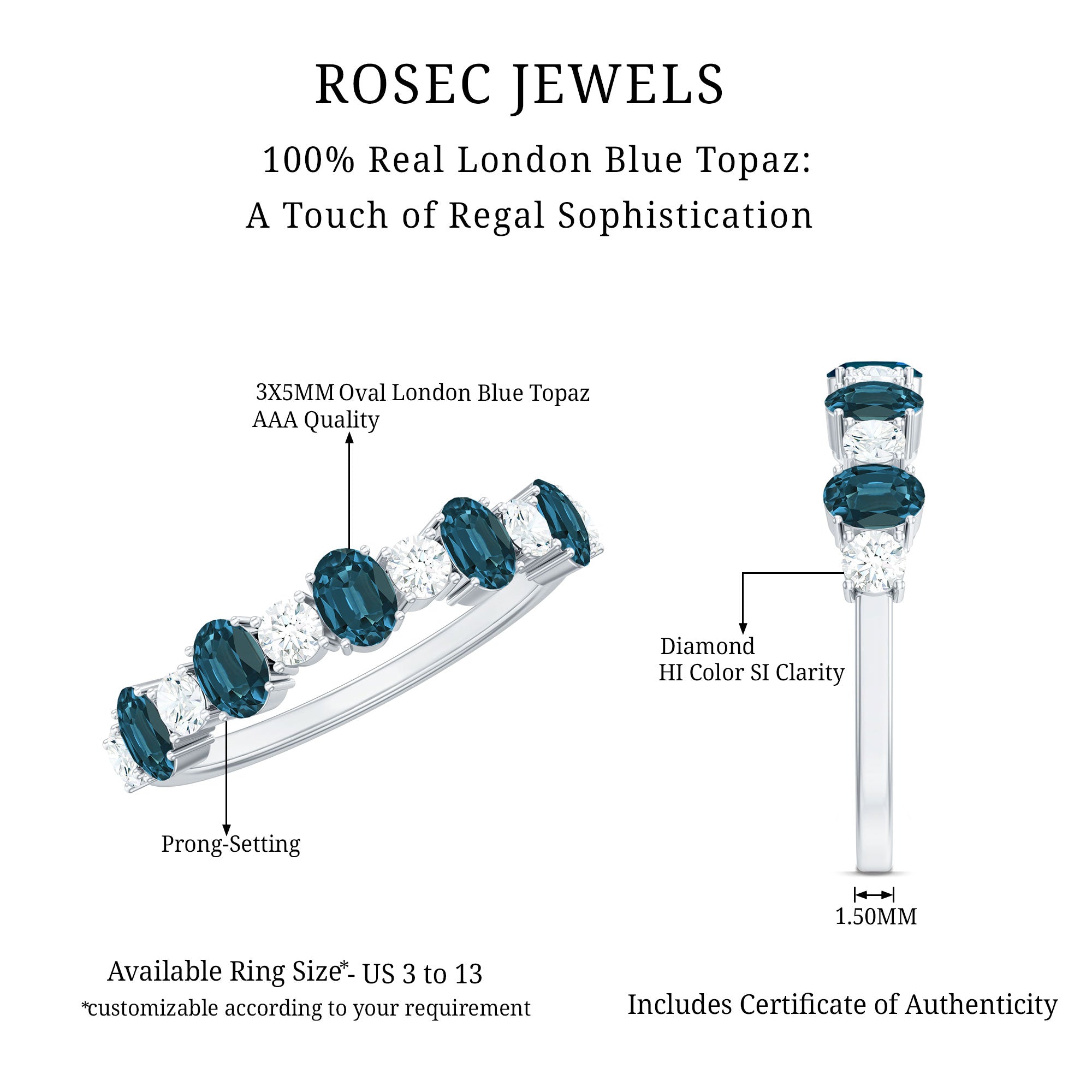 Oval London Blue Topaz Half Eternity Band Ring with Diamond AAA - Rosec Jewels