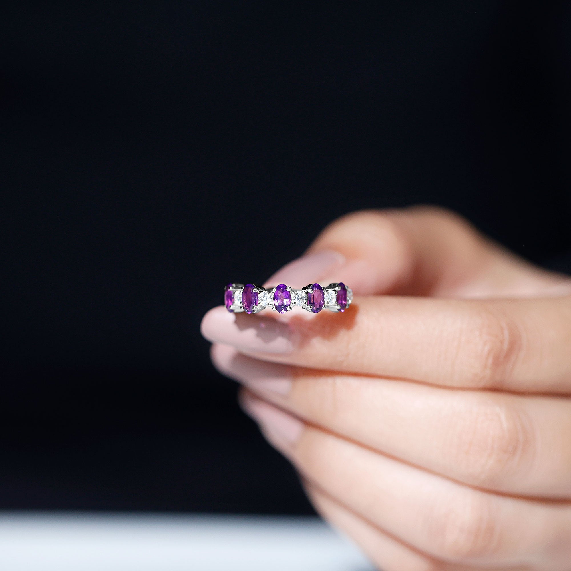Natural Oval Amethyst Diamond Half Eternity Ring for Women AAA - Rosec Jewels
