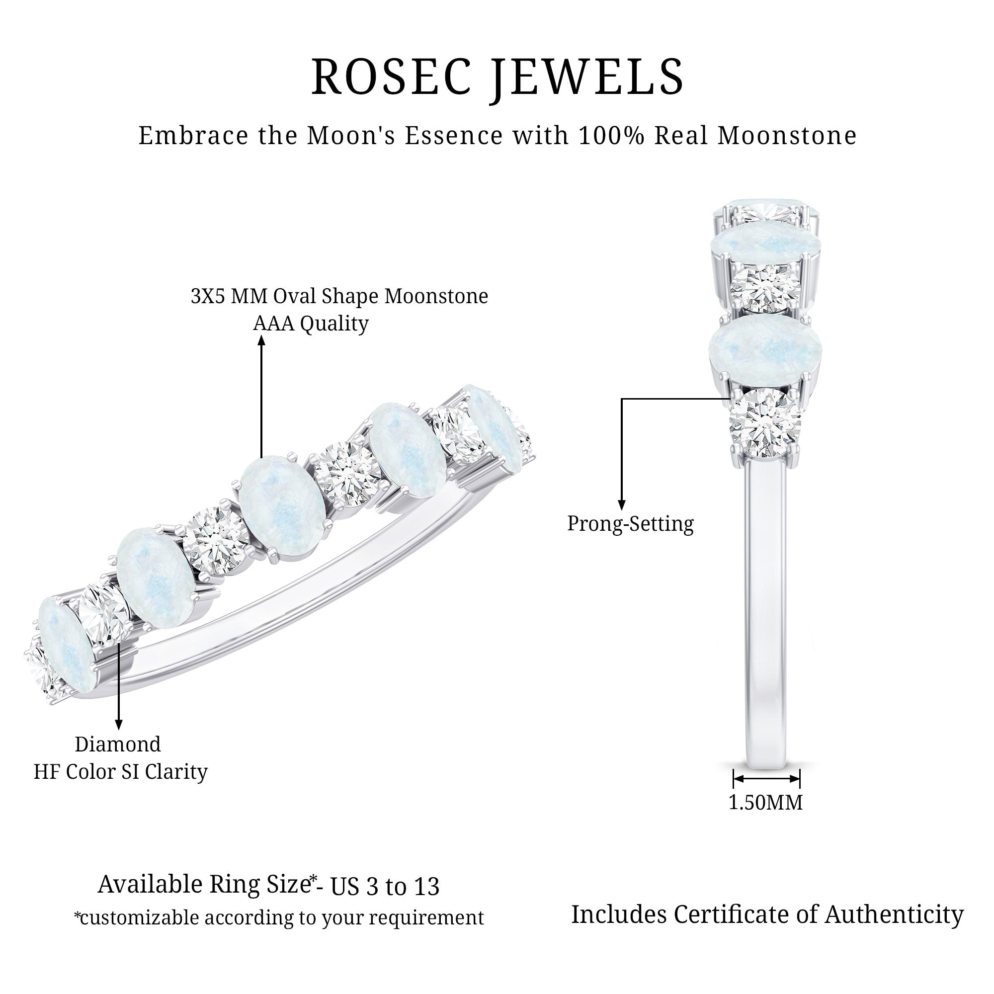 1.5 CT Alternate Moonstone and Diamond Semi Eternity Ring AAA - Rosec Jewels