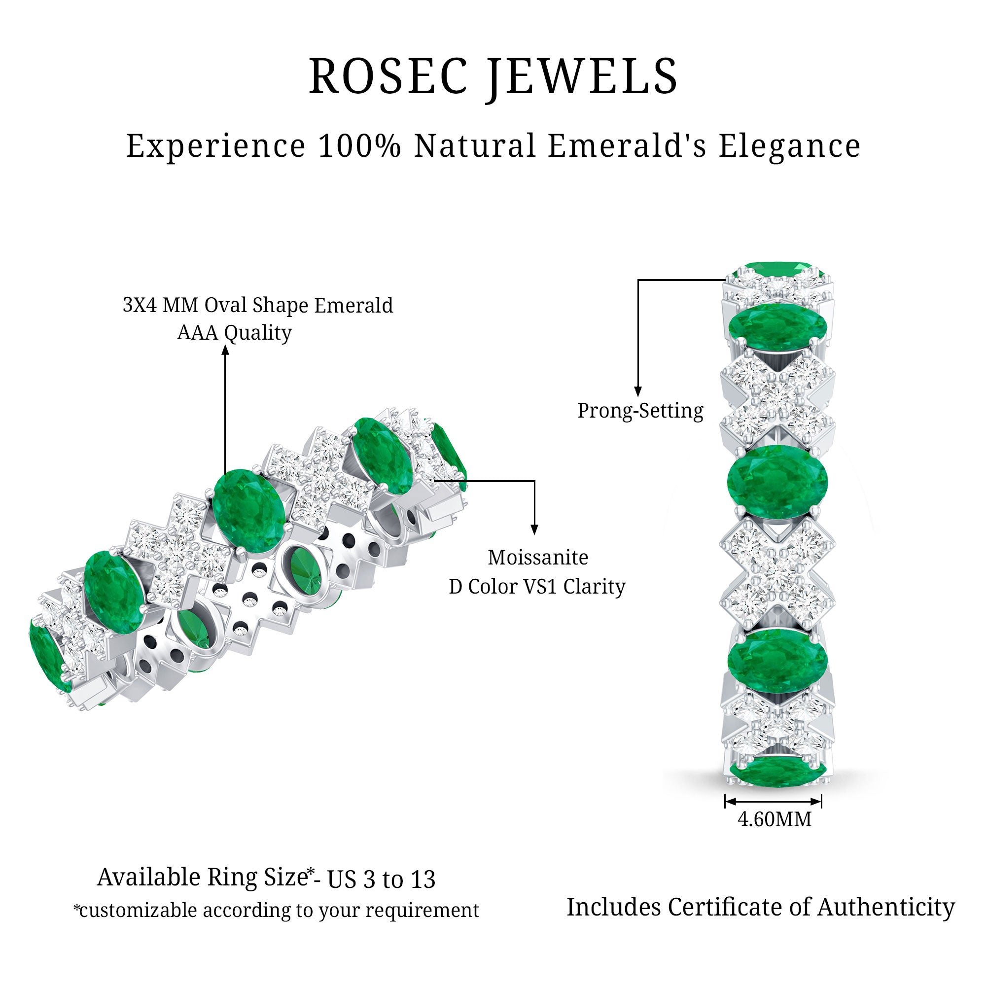 Natural Emerald and Moissanite Designer Eternity Band AAA - Rosec Jewels