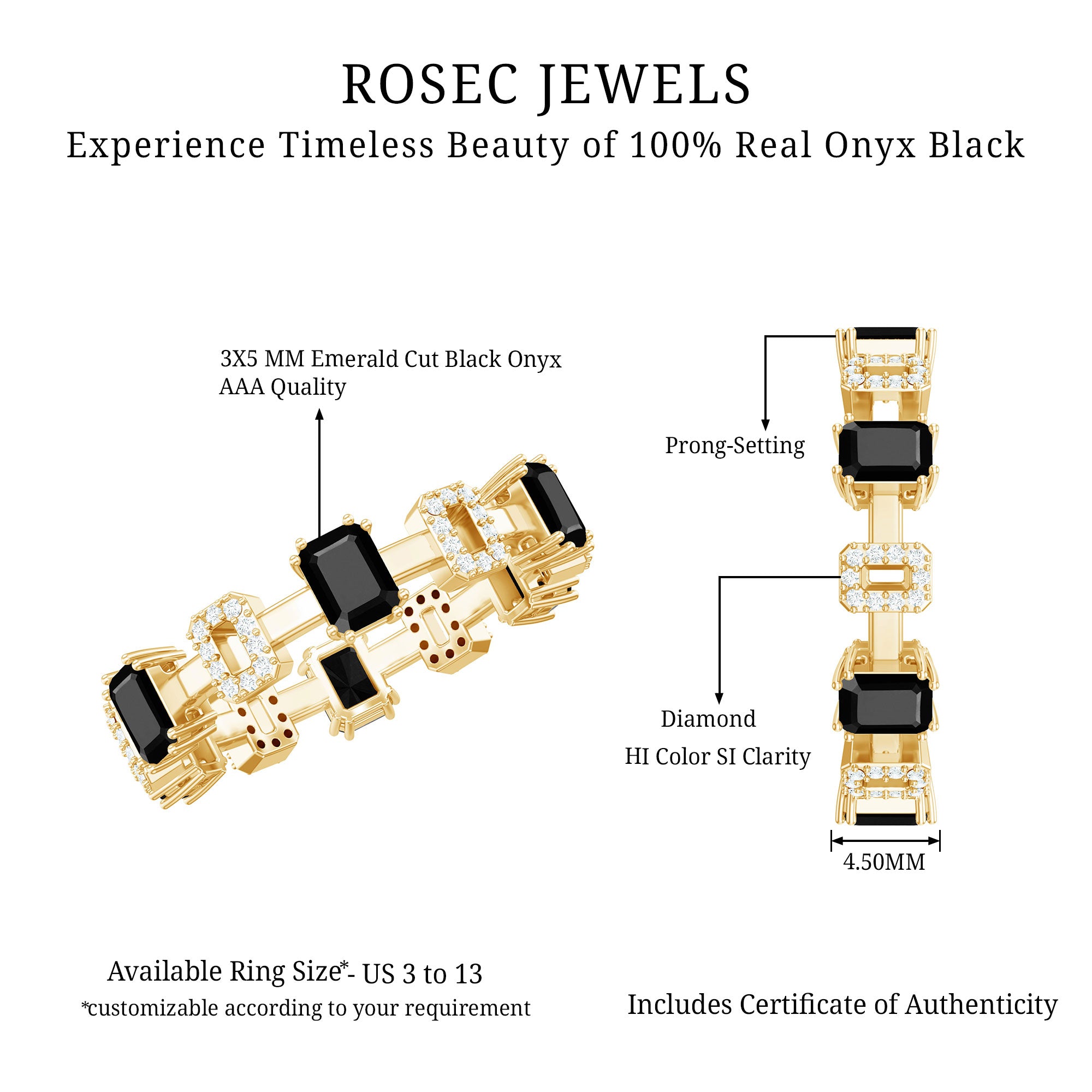 Contemporary Emerald Cut Onyx and Diamond Wedding Band AAA - Rosec Jewels