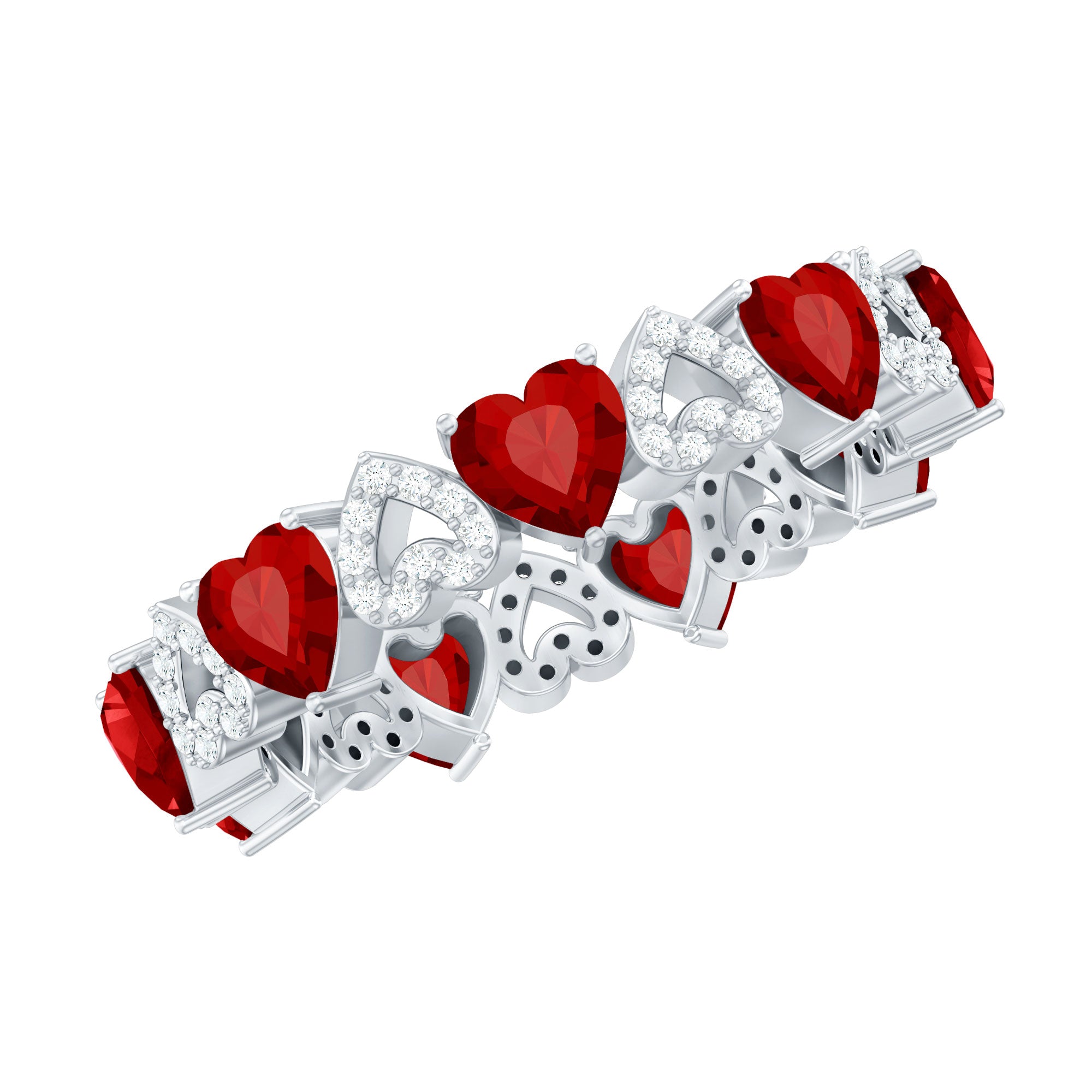 Lab-Created Ruby and Diamond Heart Eternity Band Ring AAAA - Rosec Jewels