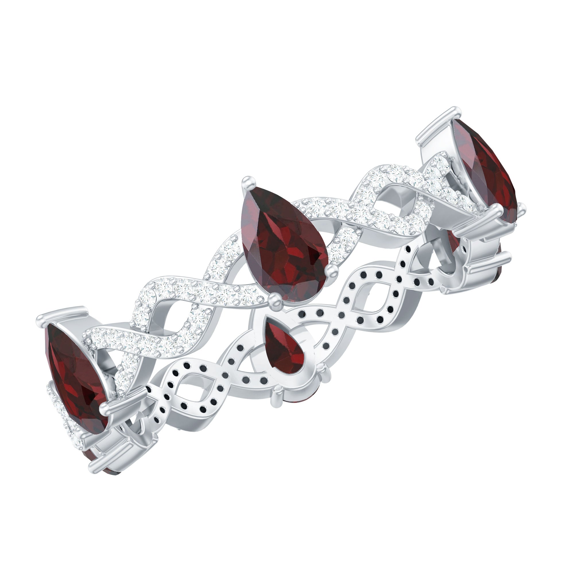 Natural Pear Shape Garnet Diamond Eternity Ring with Crossover Shank