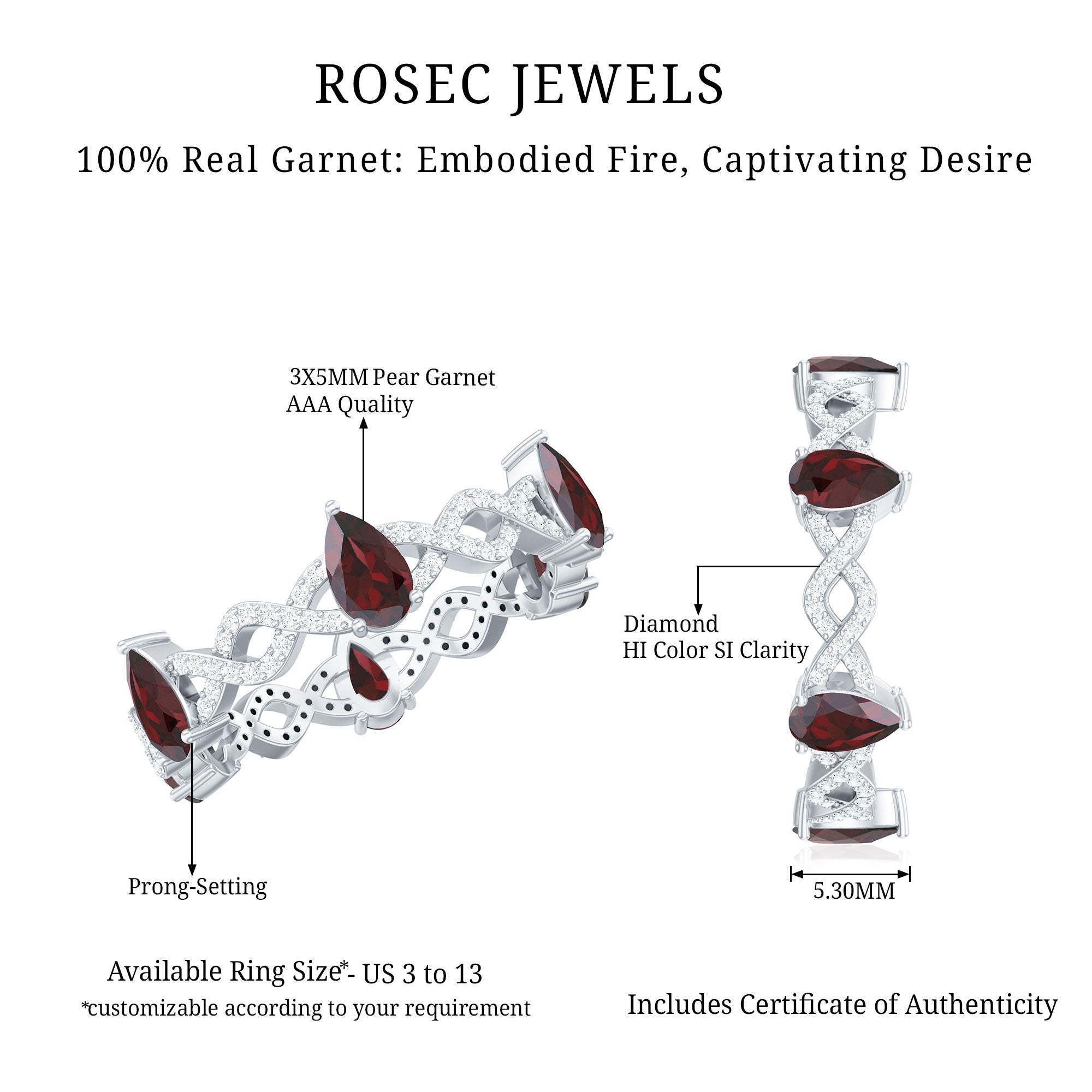 Natural Pear Shape Garnet Diamond Eternity Ring with Crossover Shank AAA - Rosec Jewels