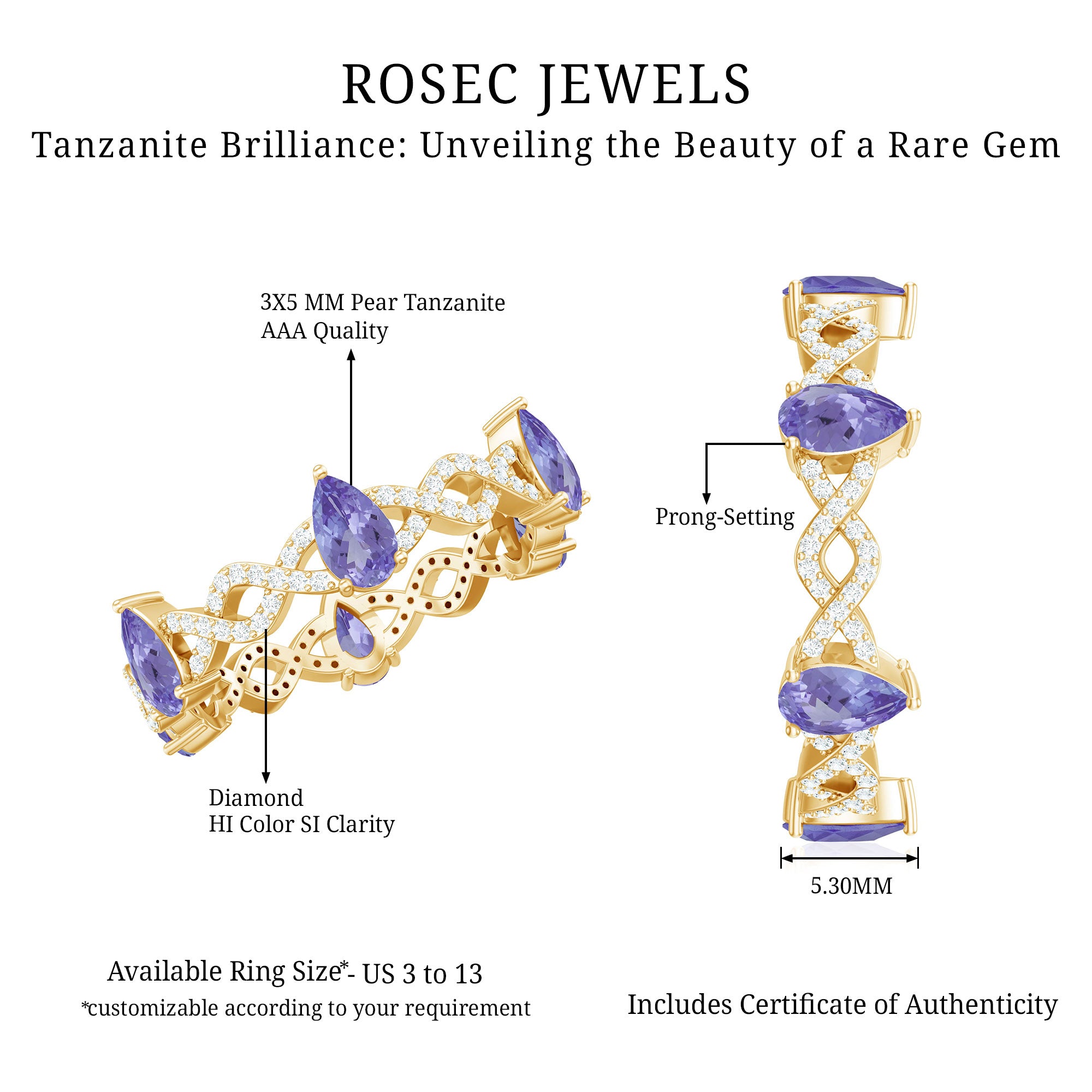 Rosec Jewels-Natural Pear Shape Tanzanite Diamond Eternity Ring with Crossover Shank
