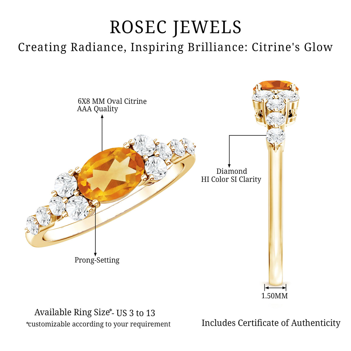 Certified Real Oval Citrine East West Engagement Ring with Diamond AAA - Rosec Jewels