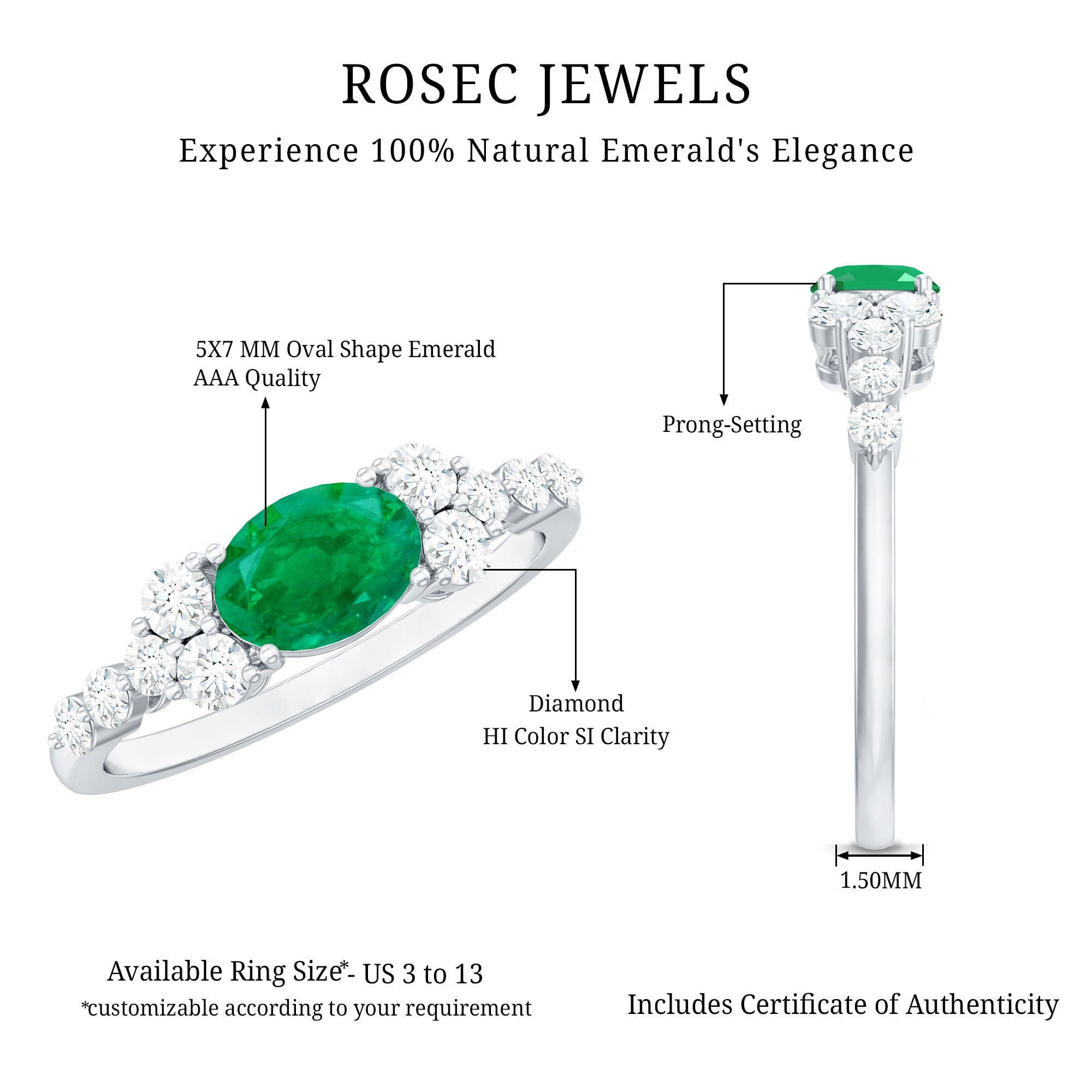 5X7mm Oval Cut Emerald Promise Ring with Diamond AAA - Rosec Jewels
