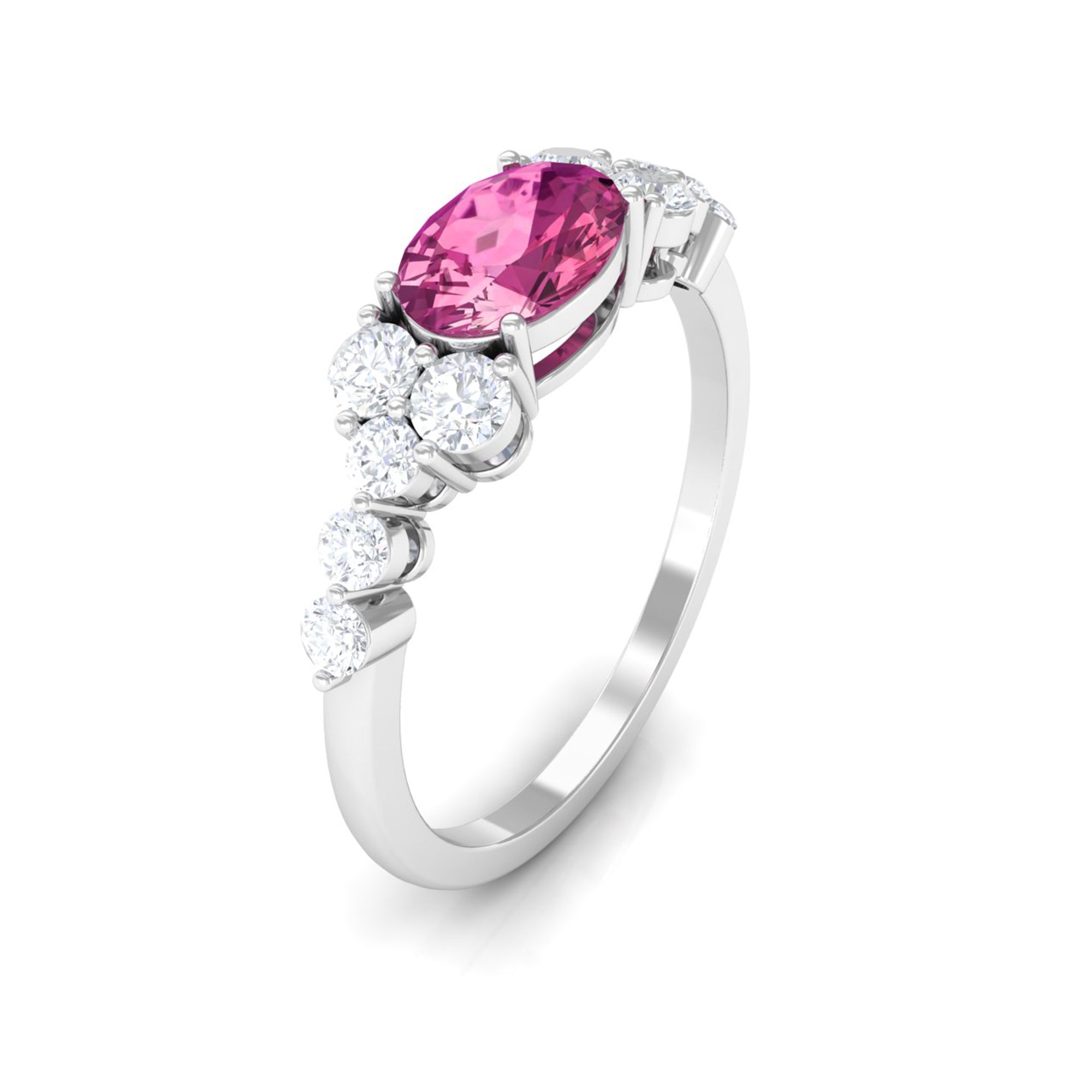 Pink Tourmaline Solitaire East West Ring with Diamond Side Stones AAA - Rosec Jewels