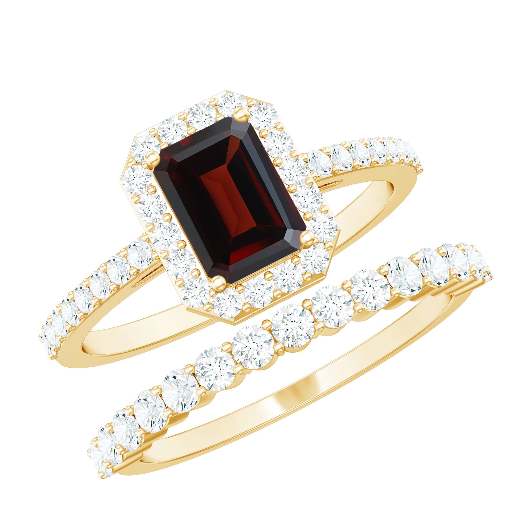 Genuine 6X8mm Emerald Cut Garnet Moissanite Wedding Ring Set of 2 AAA - Rosec Jewels
