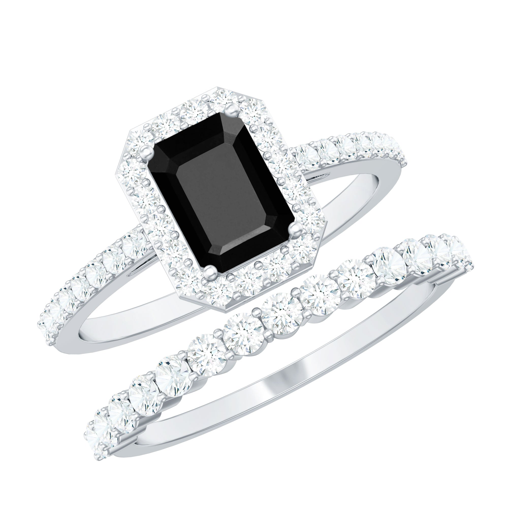 Emerald Cut Black Onyx Wedding Ring Set with Moissanite