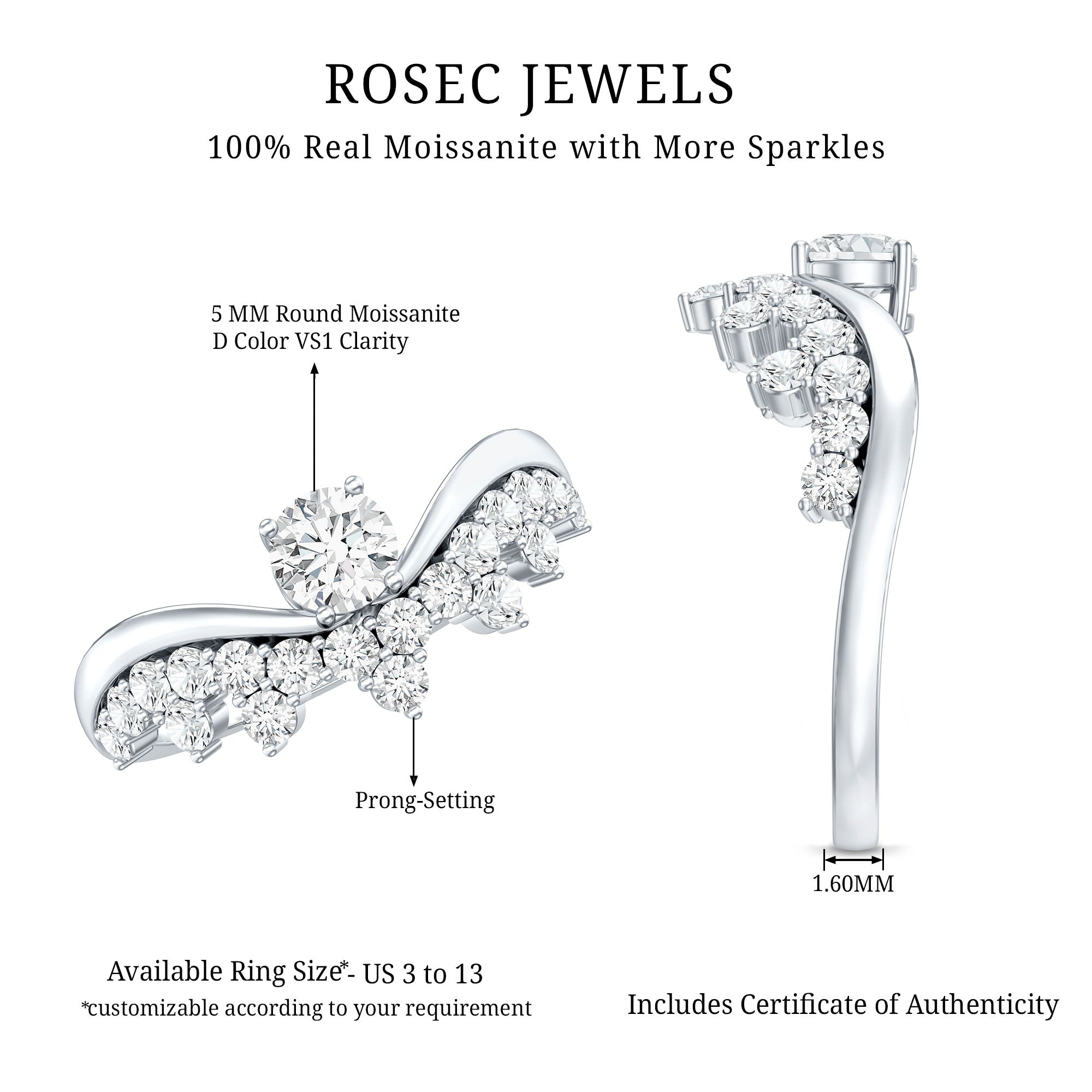 Designer Moissanite Curved Engagement Ring for Women D-VS1 - Rosec Jewels