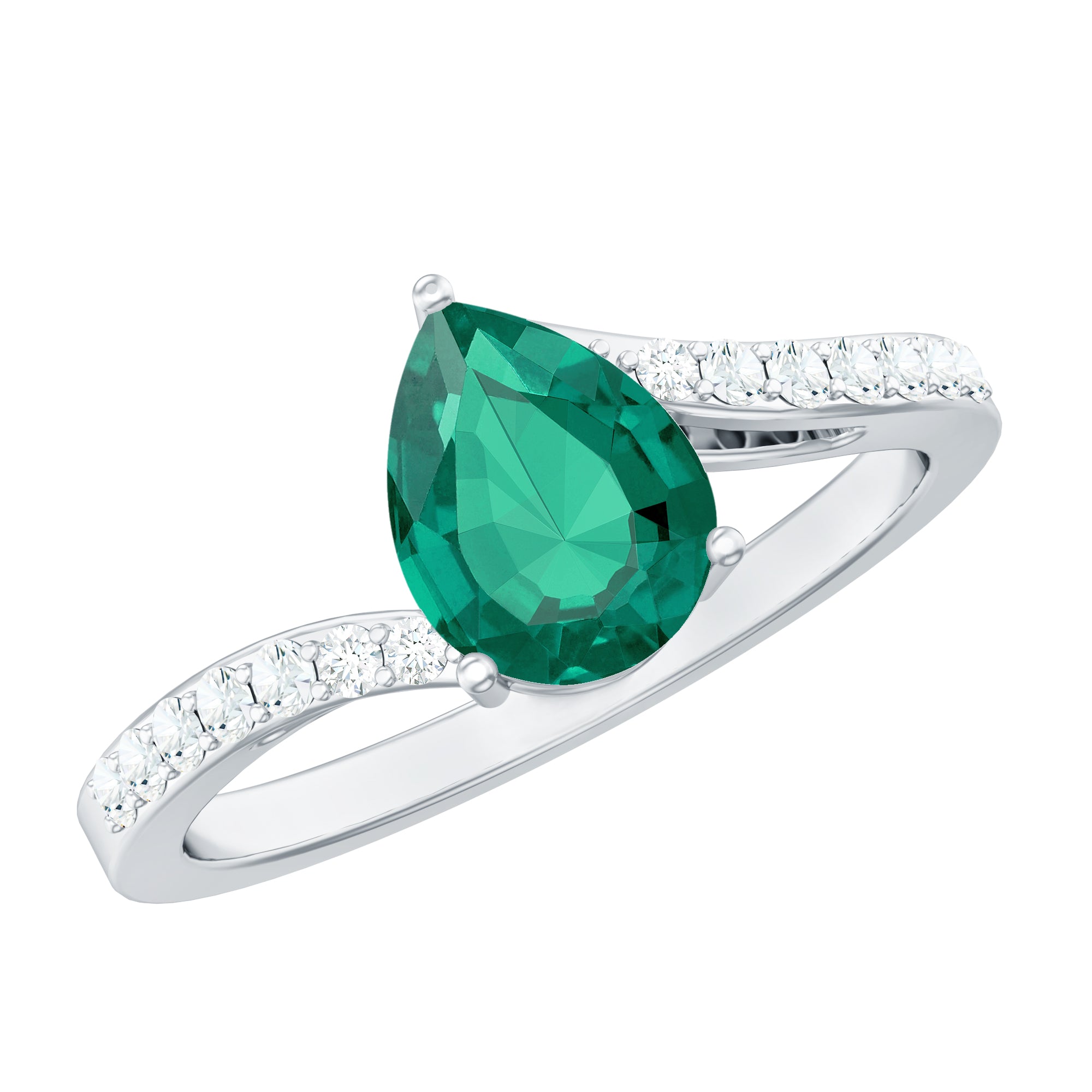 Classic Lab Grown Emerald Diamond Teardrop Engagement Ring with Bypass Shank