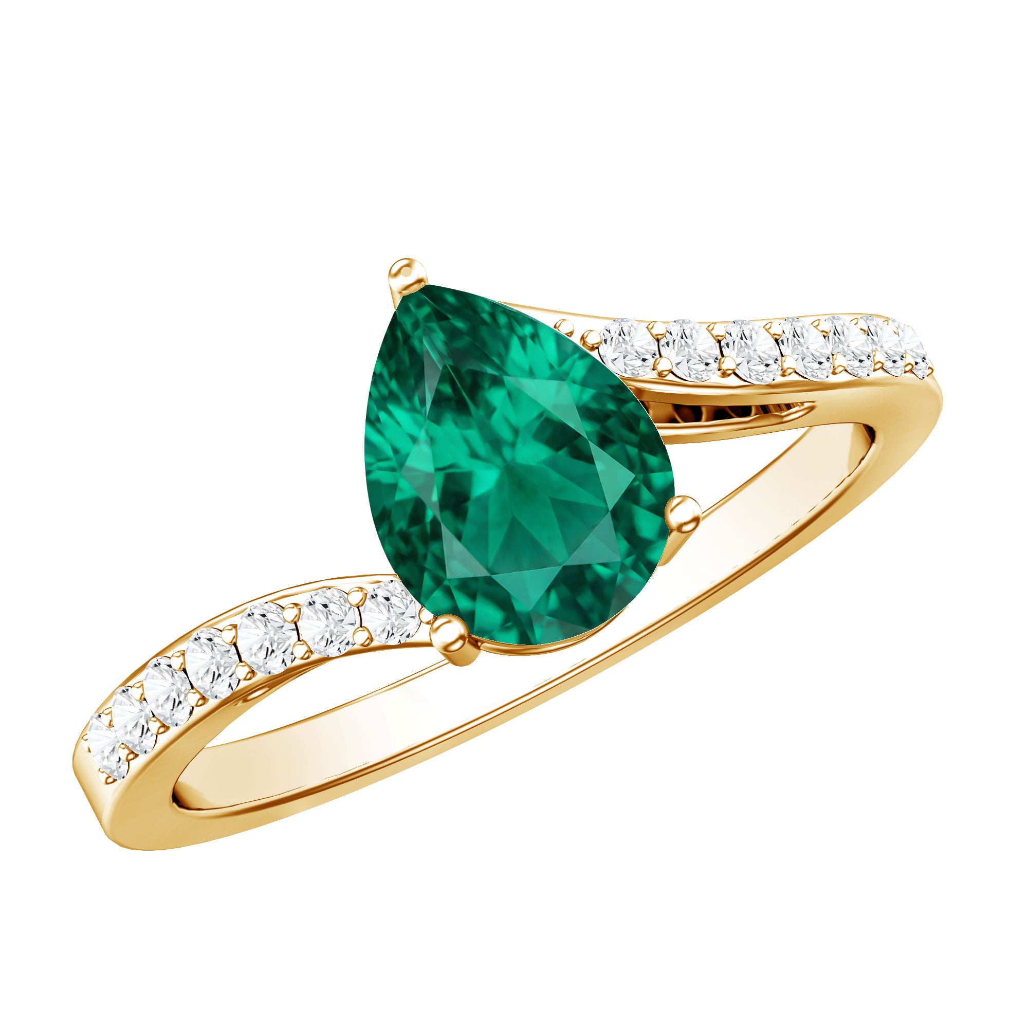 Classic Lab Grown Emerald Diamond Teardrop Engagement Ring with Bypass Shank AAAA - Rosec Jewels