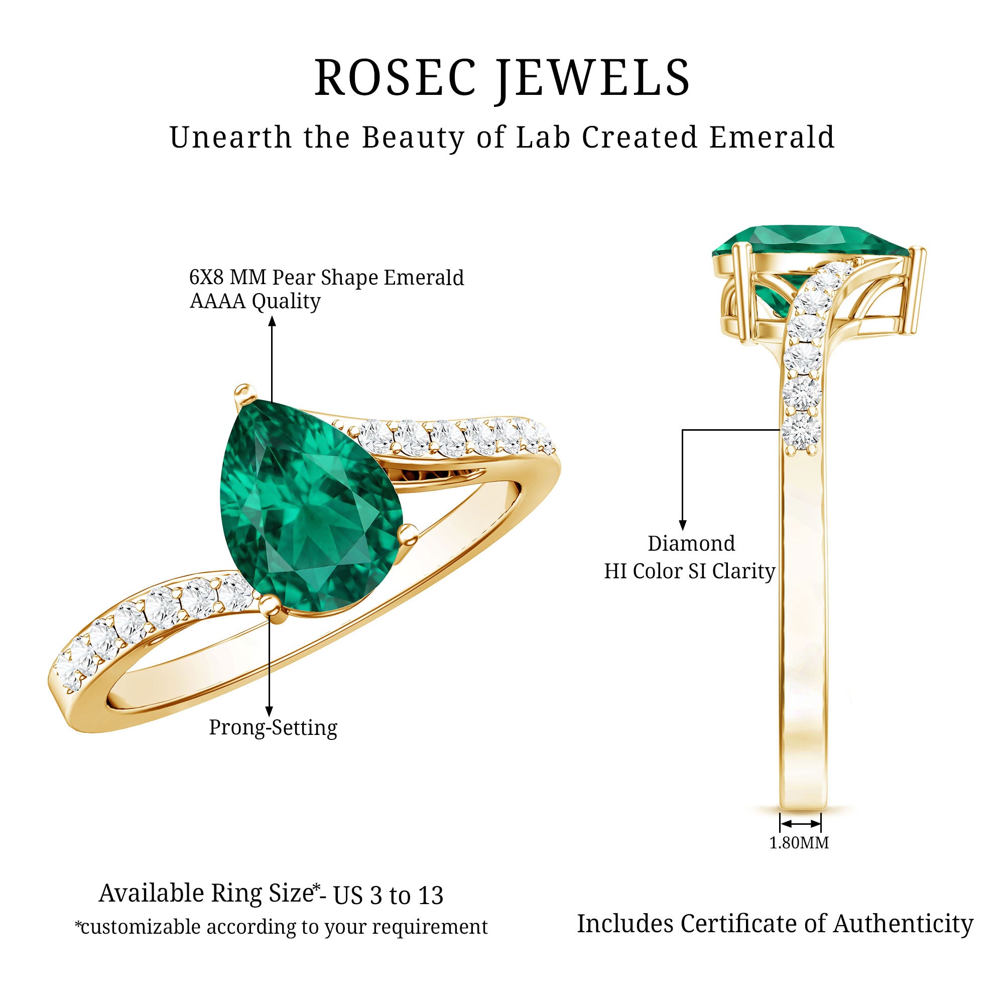 Classic Lab Grown Emerald Diamond Teardrop Engagement Ring with Bypass Shank AAAA - Rosec Jewels