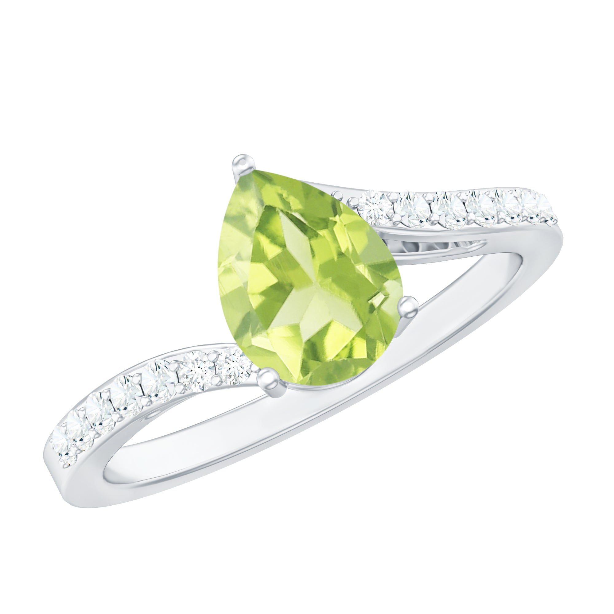 1 Carat Pear Shaped Peridot Engagement Ring with Diamond Bypass Shank AAA - Rosec Jewels