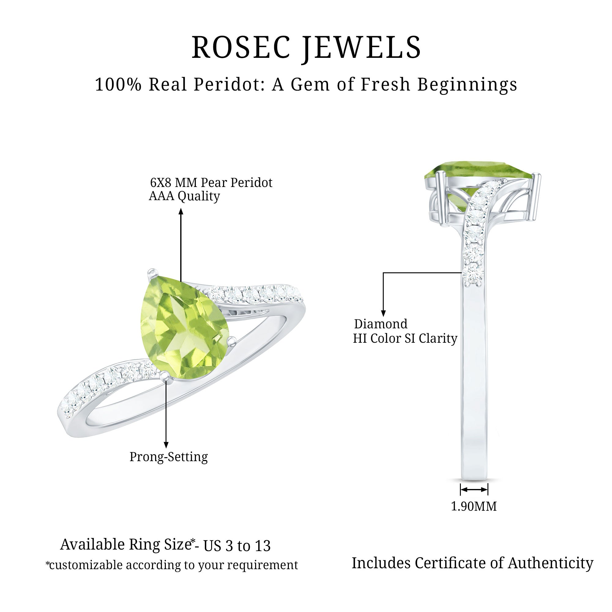 1 Carat Pear Shaped Peridot Engagement Ring with Diamond Bypass Shank AAA - Rosec Jewels