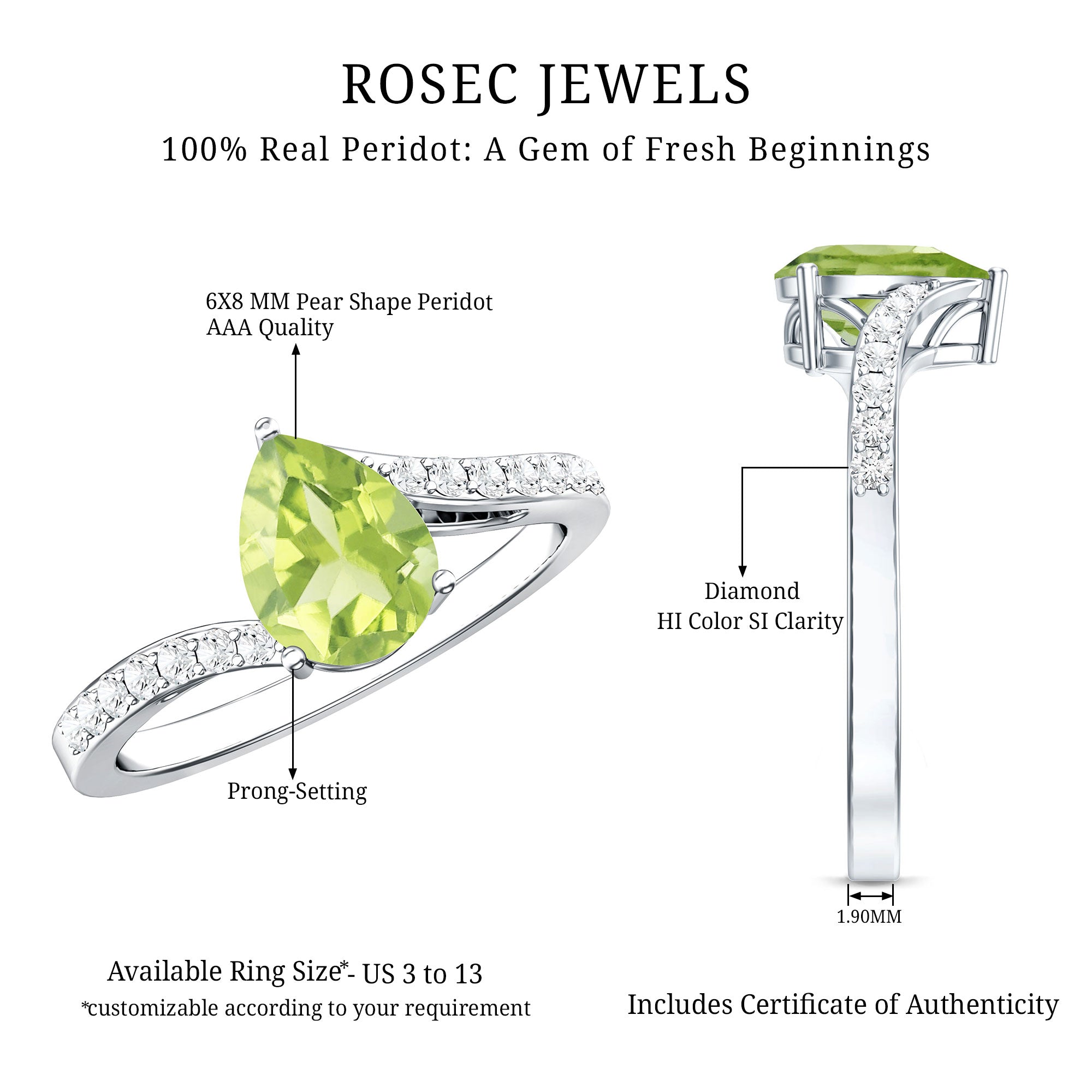 1 Carat Pear Shaped Peridot Engagement Ring with Diamond Bypass Shank AAA - Rosec Jewels