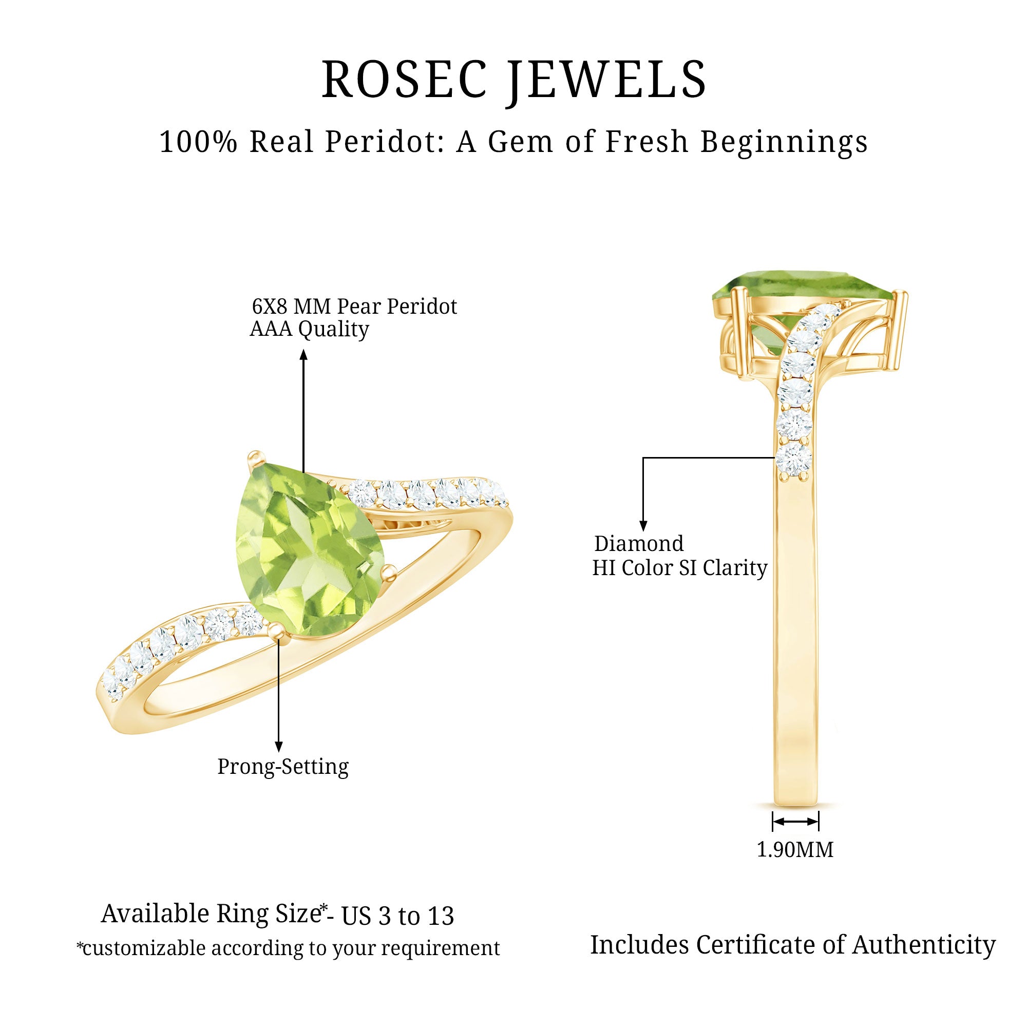 1 Carat Pear Shaped Peridot Engagement Ring with Diamond Bypass Shank AAA - Rosec Jewels