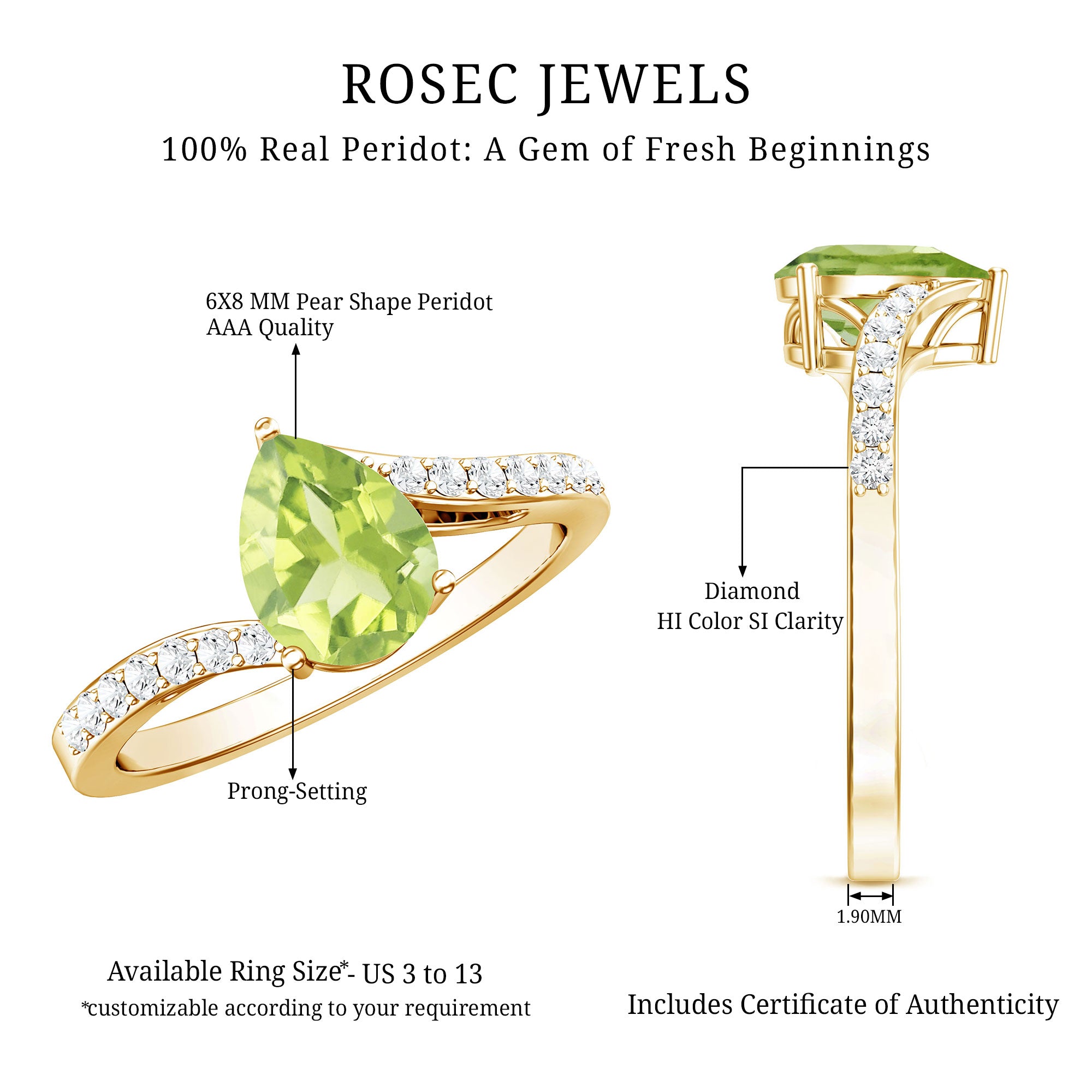 1 Carat Pear Shaped Peridot Engagement Ring with Diamond Bypass Shank AAA - Rosec Jewels