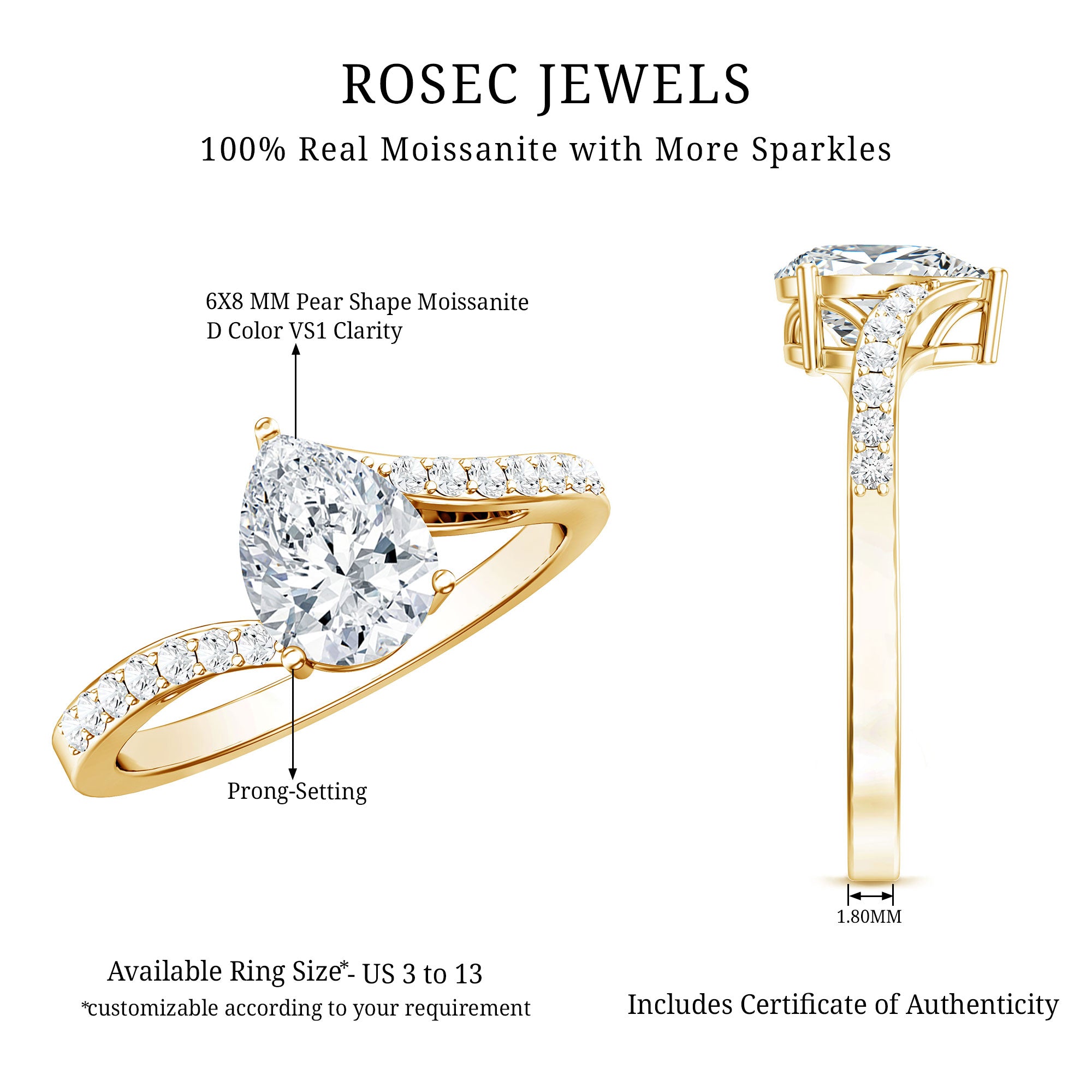 Pear Shape Moissanite Solitaire Bypass Engagement Ring D-VS1 - Rosec Jewels