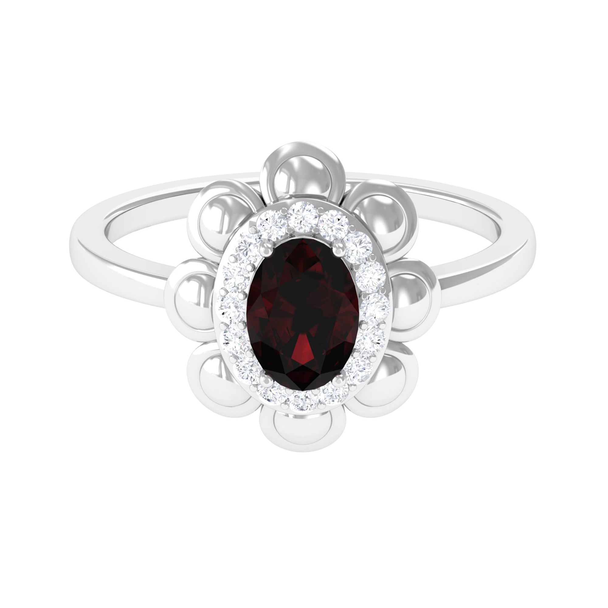 Natural 6X8mm Oval Garnet Flower Engagement Ring with Diamond