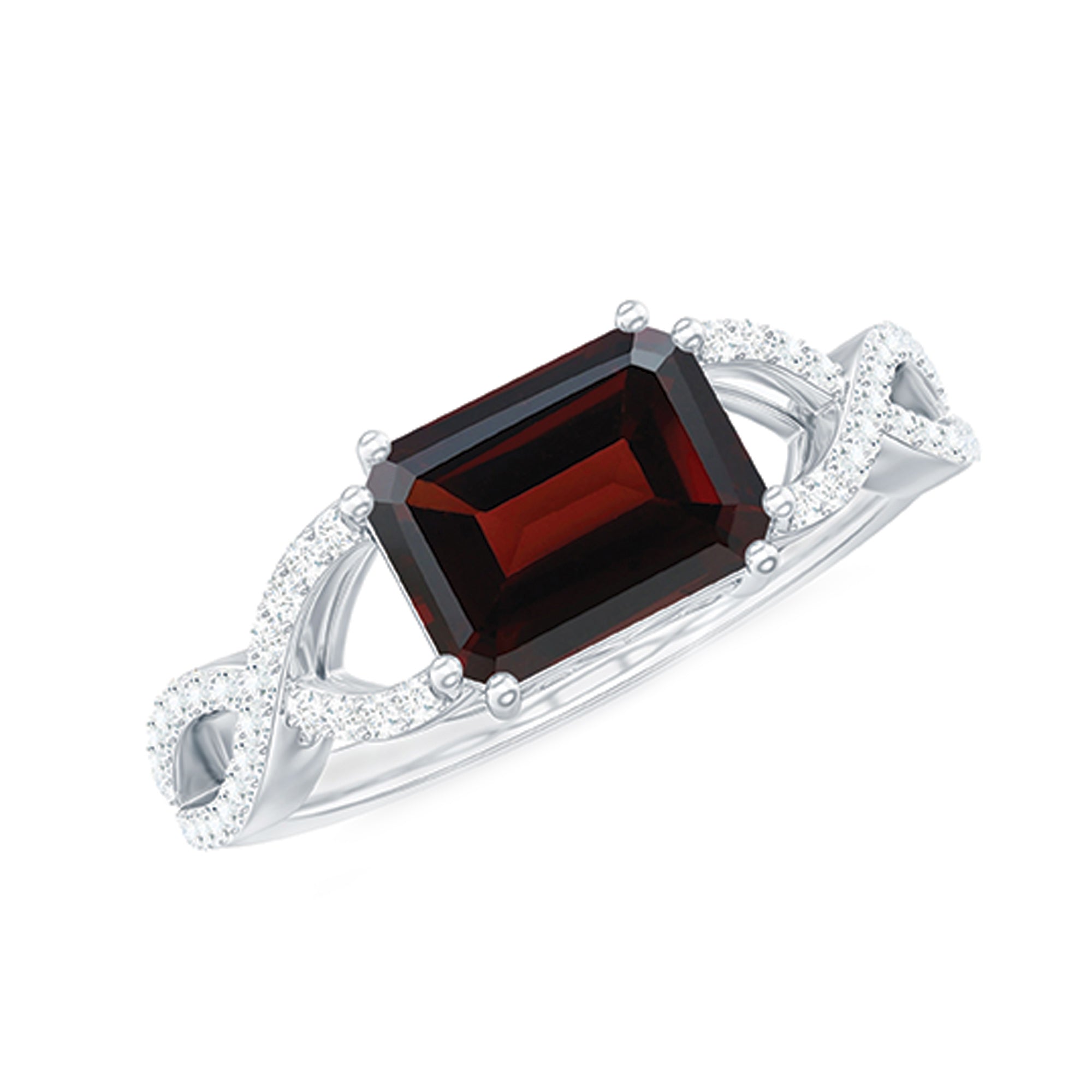 Certified Real Garnet Diamond Emerald Cut Engagement Ring in East West Style