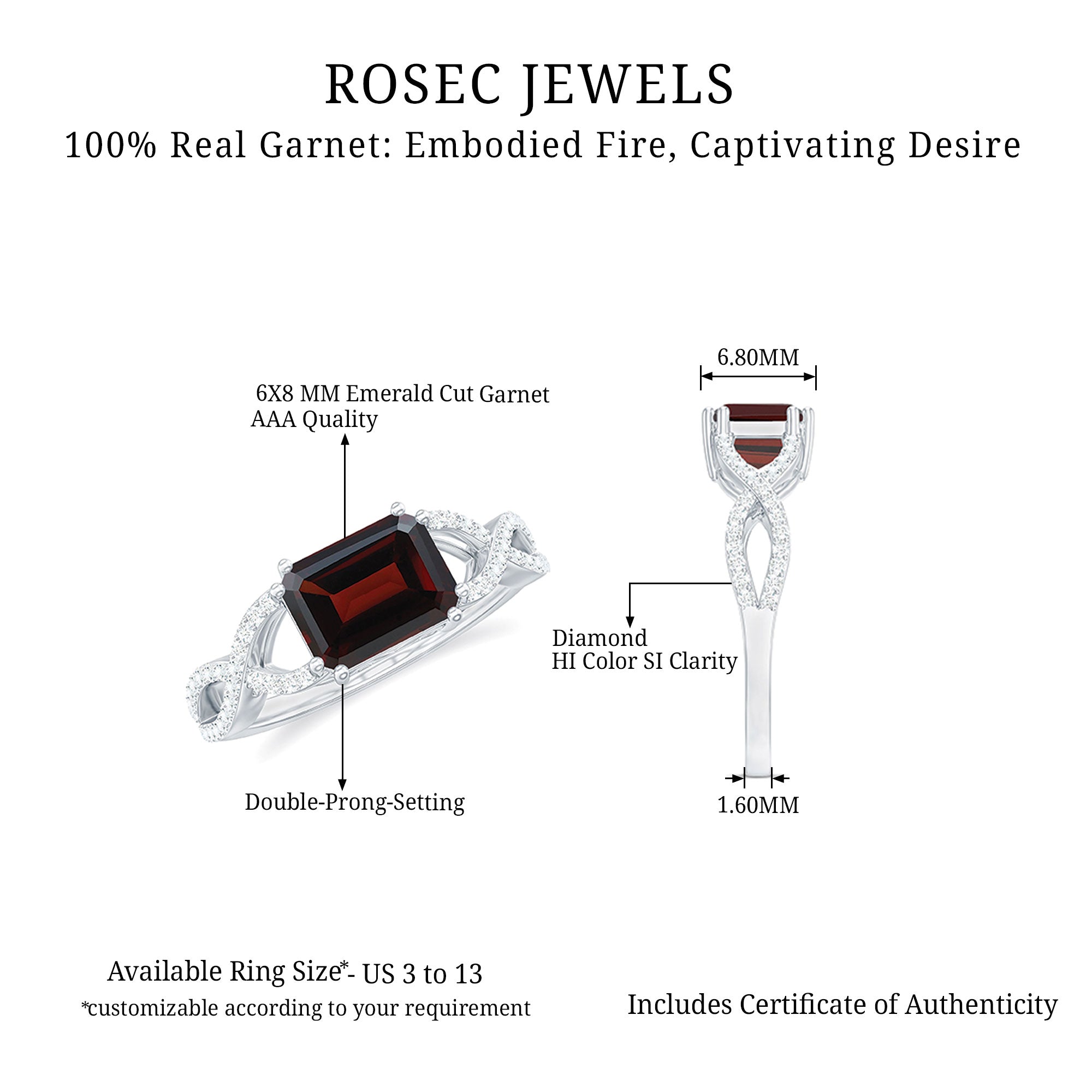 Certified Real Garnet Diamond Emerald Cut Engagement Ring in East West Style AAA - Rosec Jewels