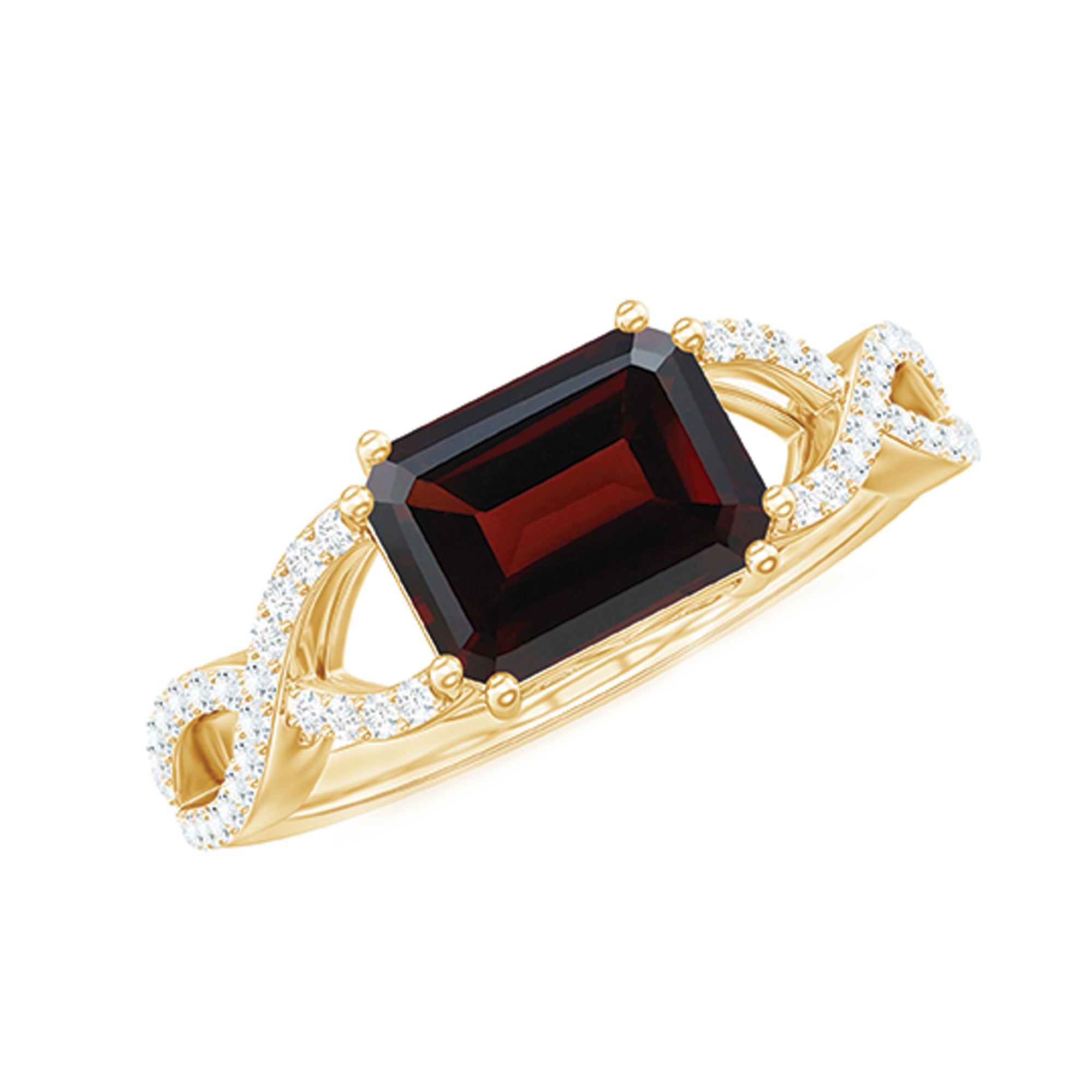 Certified Real Garnet Diamond Emerald Cut Engagement Ring in East West Style AAA - Rosec Jewels