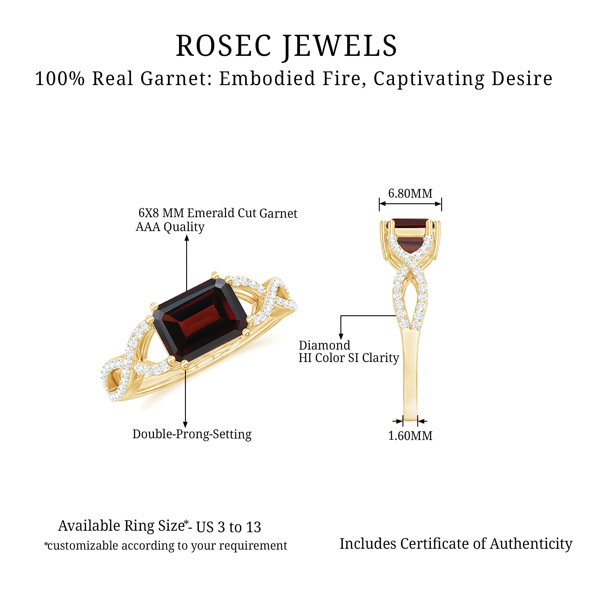 Certified Real Garnet Diamond Emerald Cut Engagement Ring in East West Style AAA - Rosec Jewels