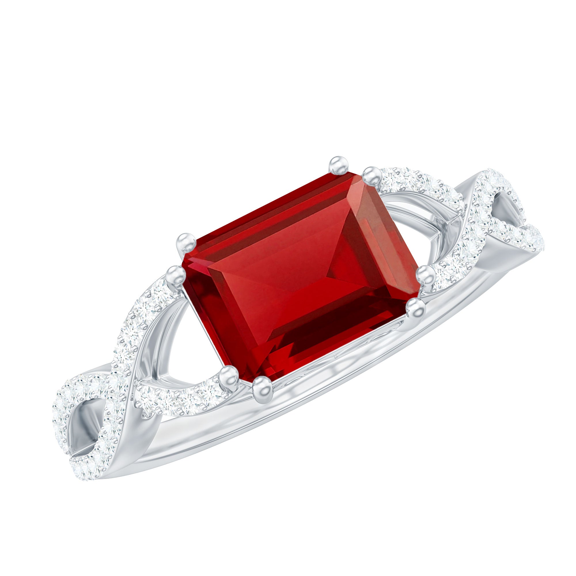 Emerald Cut Created Ruby East-West Crossover Ring with Diamond