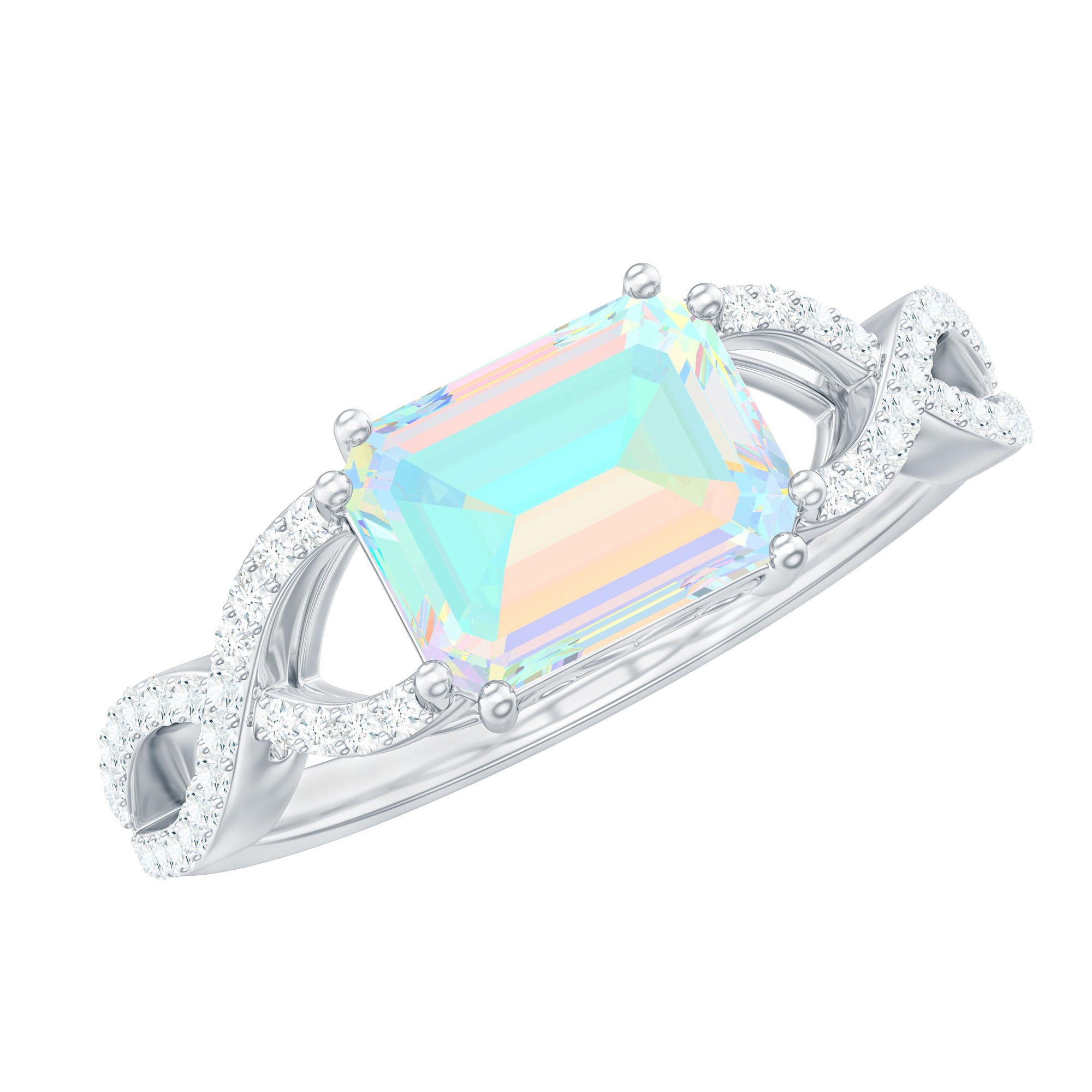 Natural Emerald Cut Opalescent Diamond Engagement Ring in East West Style