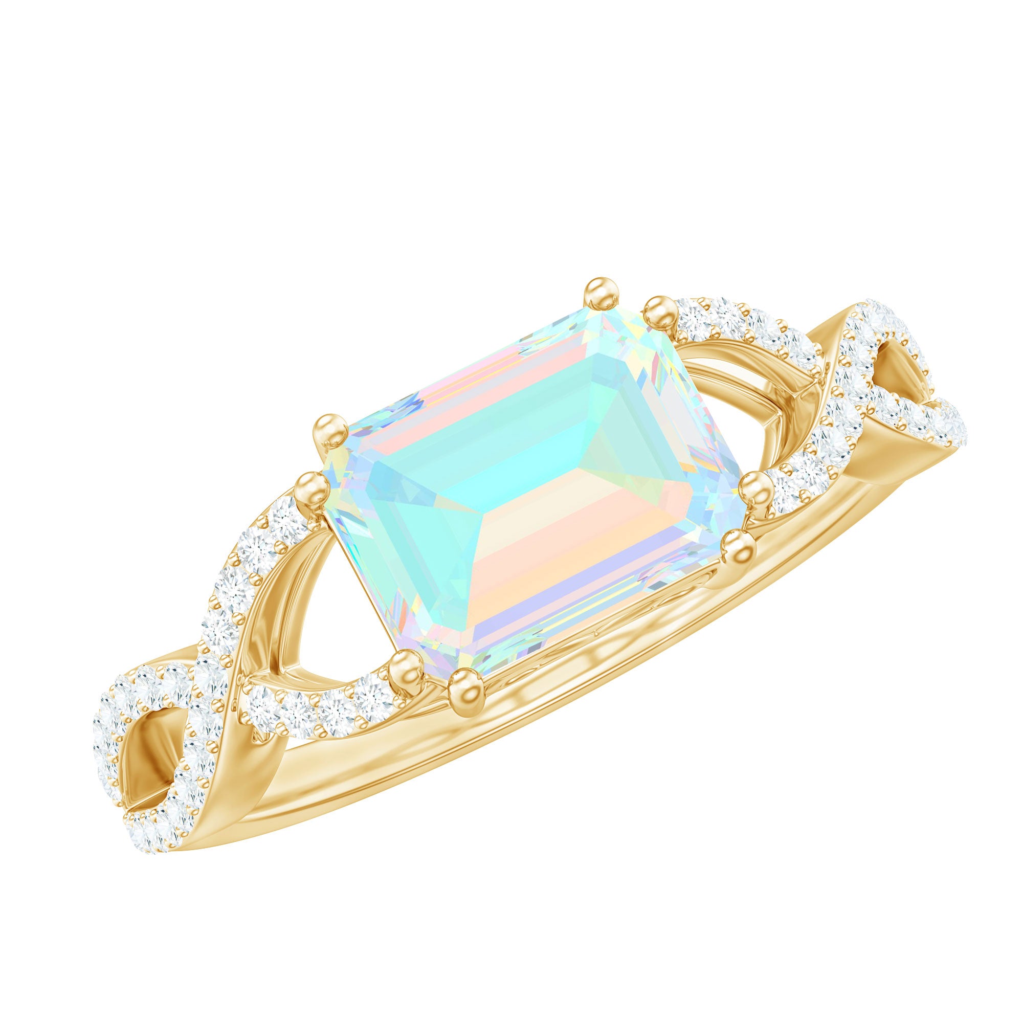 Natural Emerald Cut Opalescent Diamond Engagement Ring in East West Style AAA - Rosec Jewels