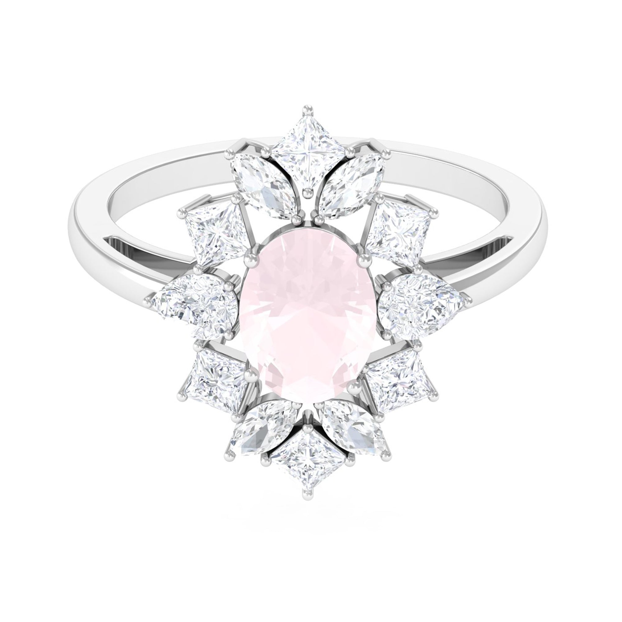 Oval Cut Rose Quartz Cocktail Ring with Moissanite Stones
