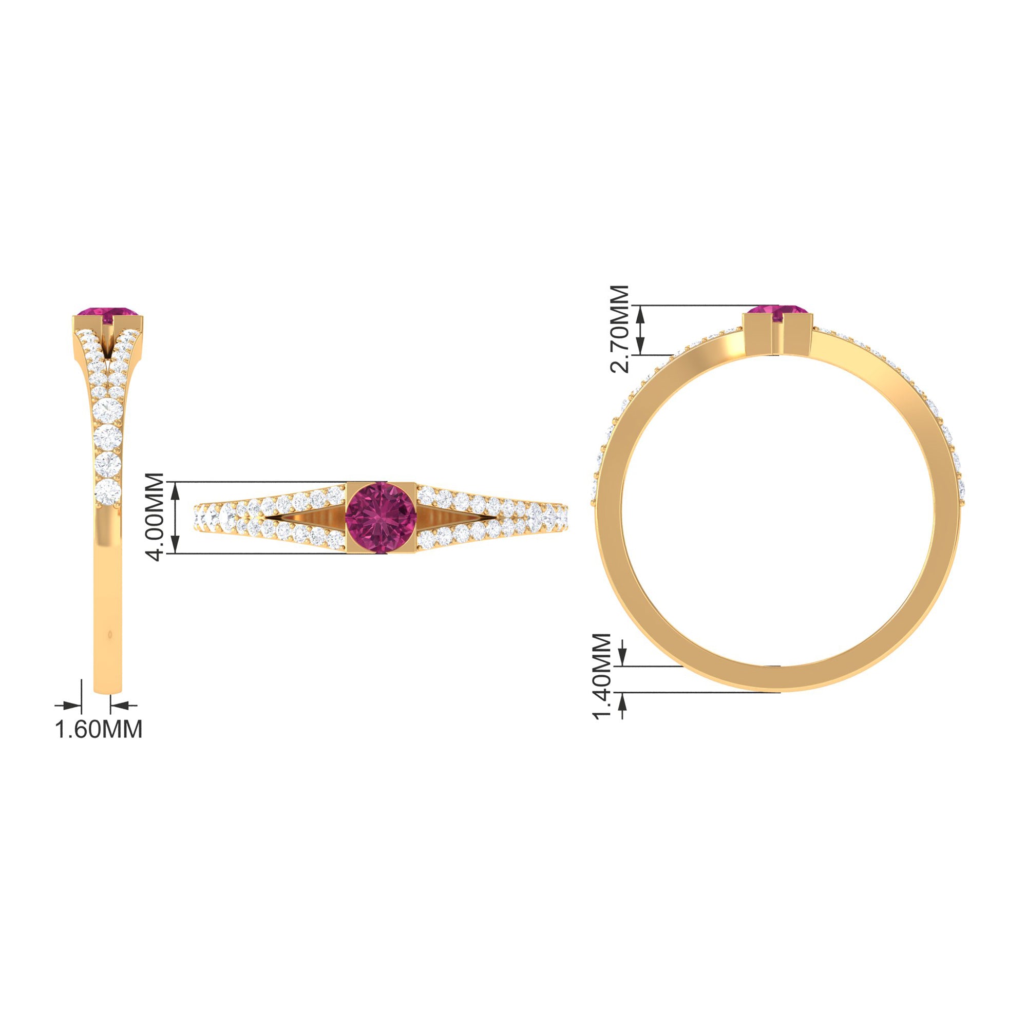 Minimal Pink Tourmaline Split Shank Ring with Diamond AAA - Rosec Jewels