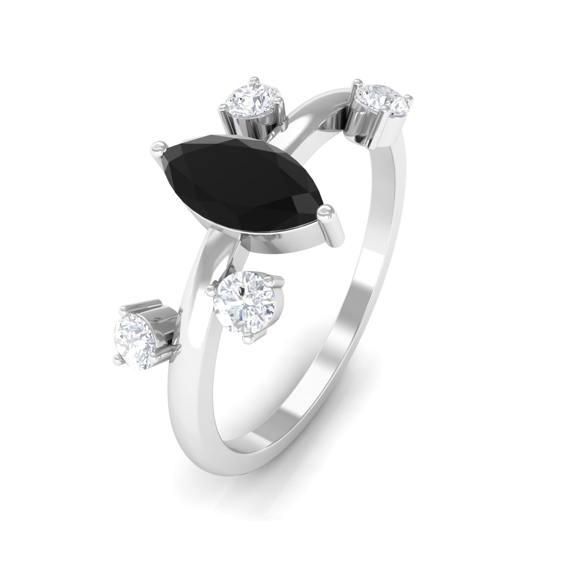 Marquise Cut Solitaire Black Spinel Ring with Scatter Diamond AAA - Rosec Jewels