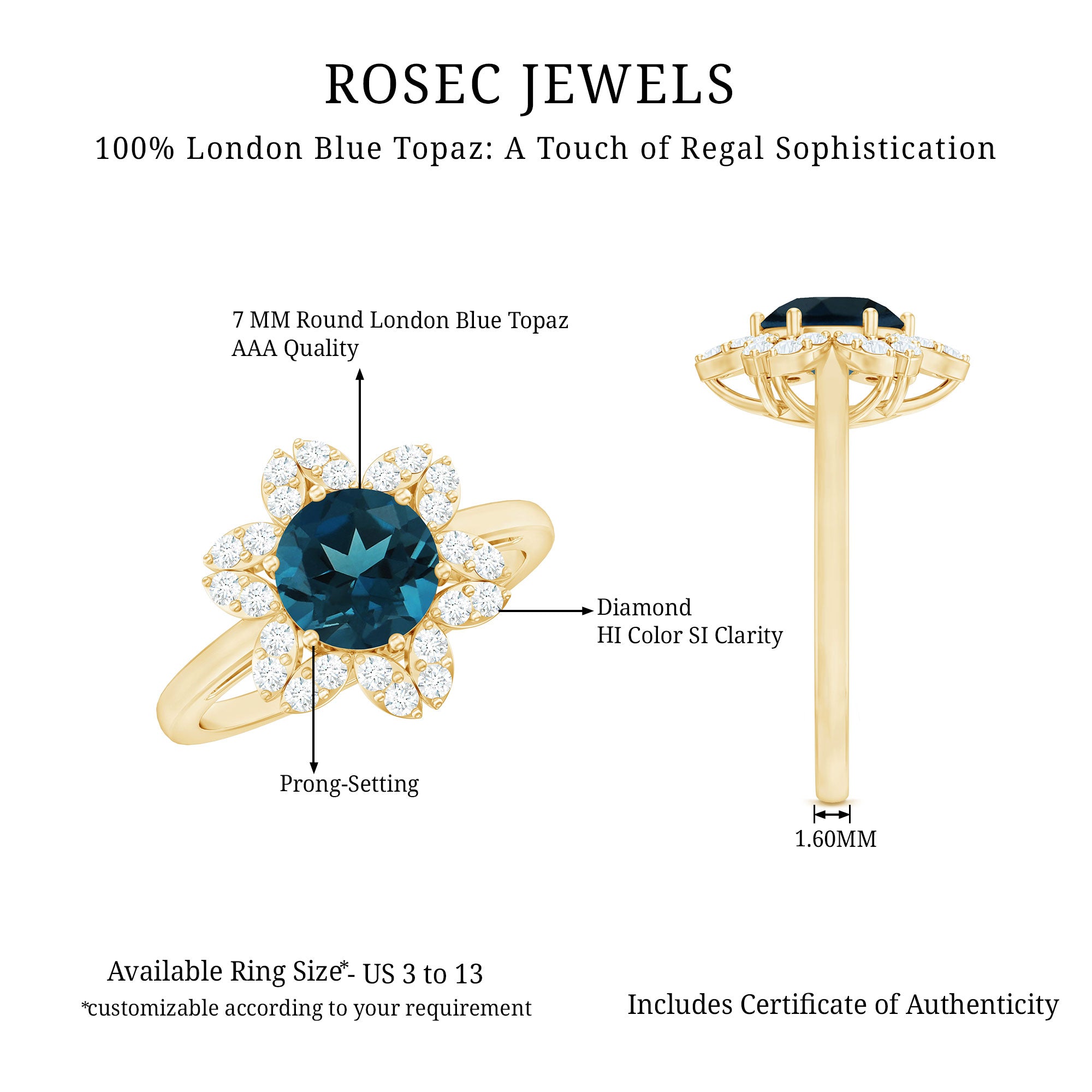 7mm Round London Blue Topaz Floral Engagement Ring with Diamond AAA - Rosec Jewels