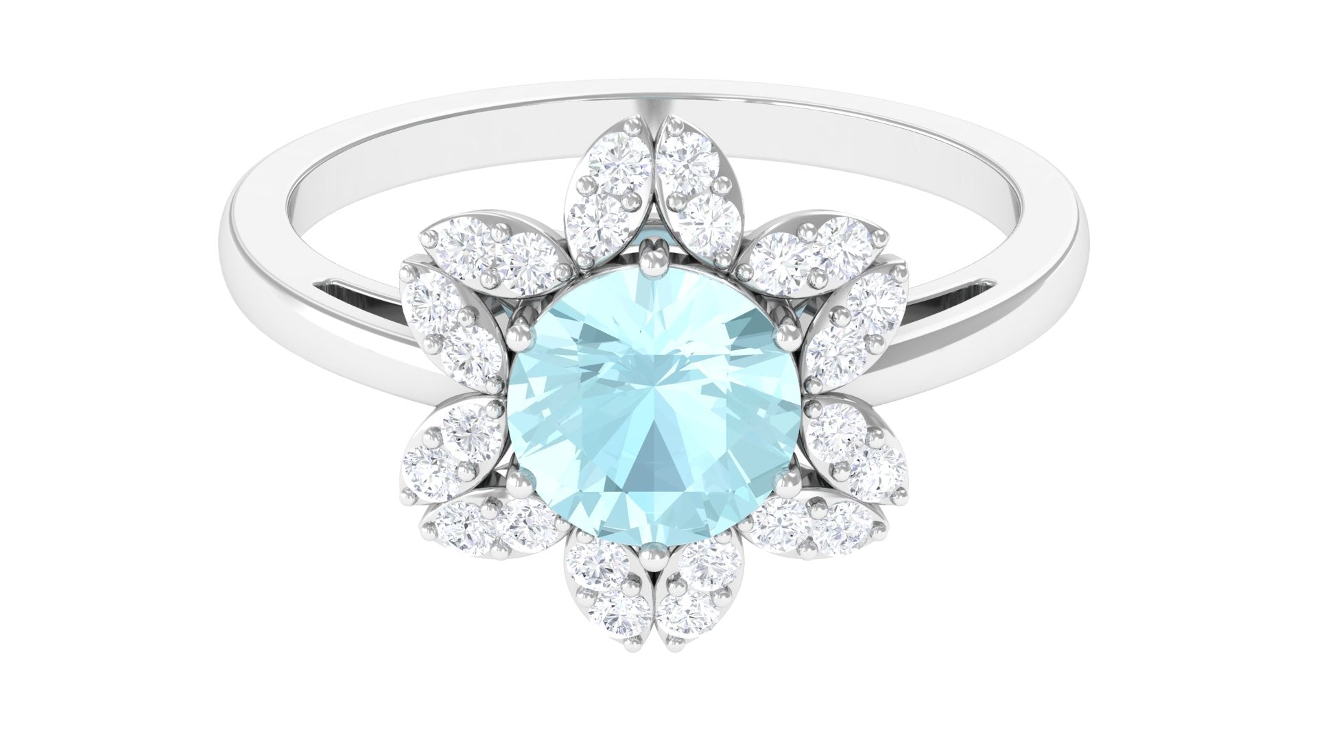 Sky Blue Topaz Flower Ring with Diamond Halo