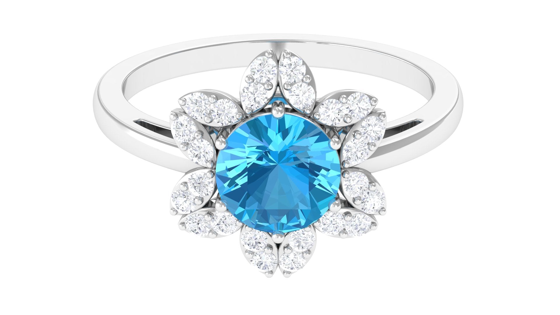 2.25 CT Swiss Blue Topaz Floral Ring with Diamond Halo