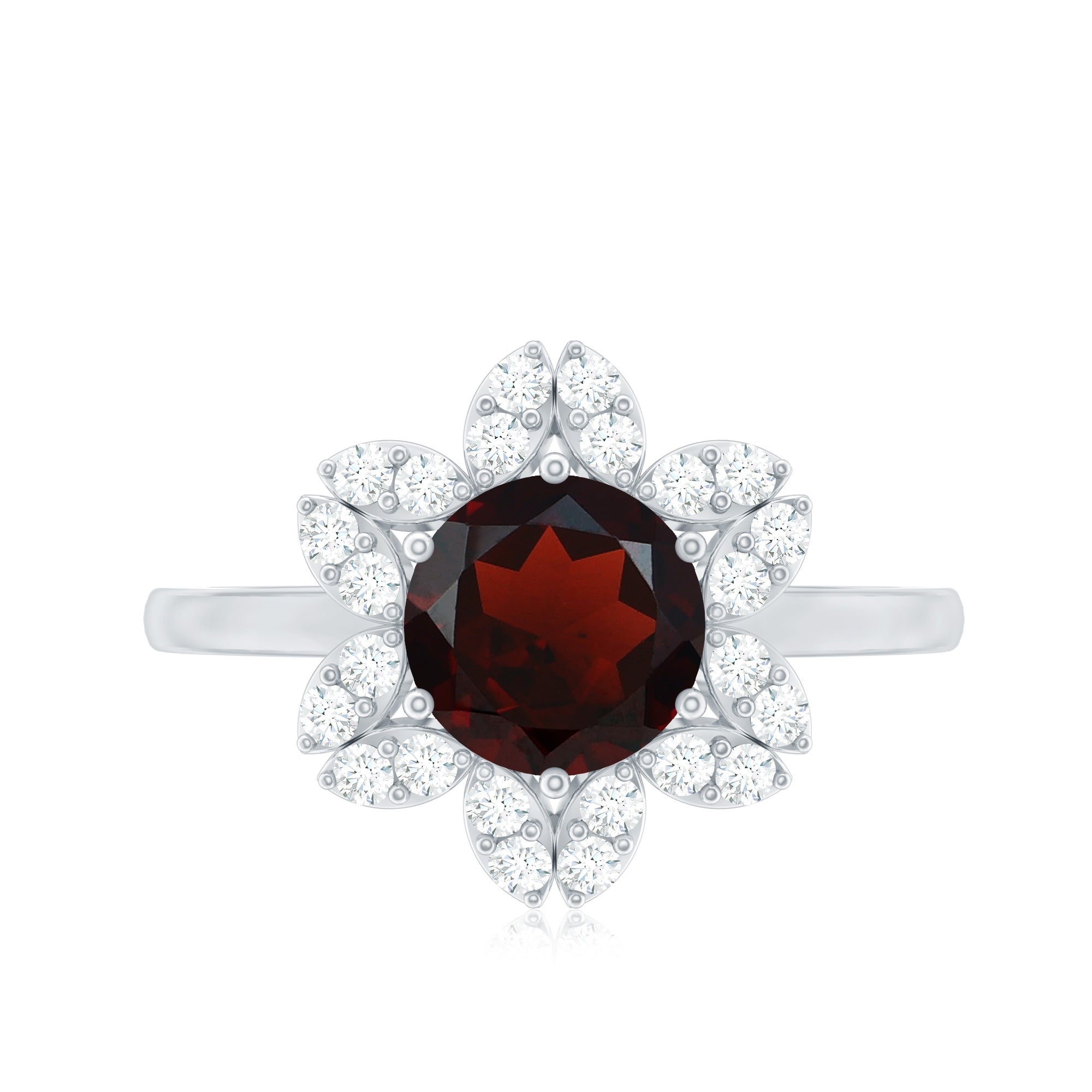 Certified Natural 8mm Garnet Flower Engagement Ring with Diamond AAA - Rosec Jewels