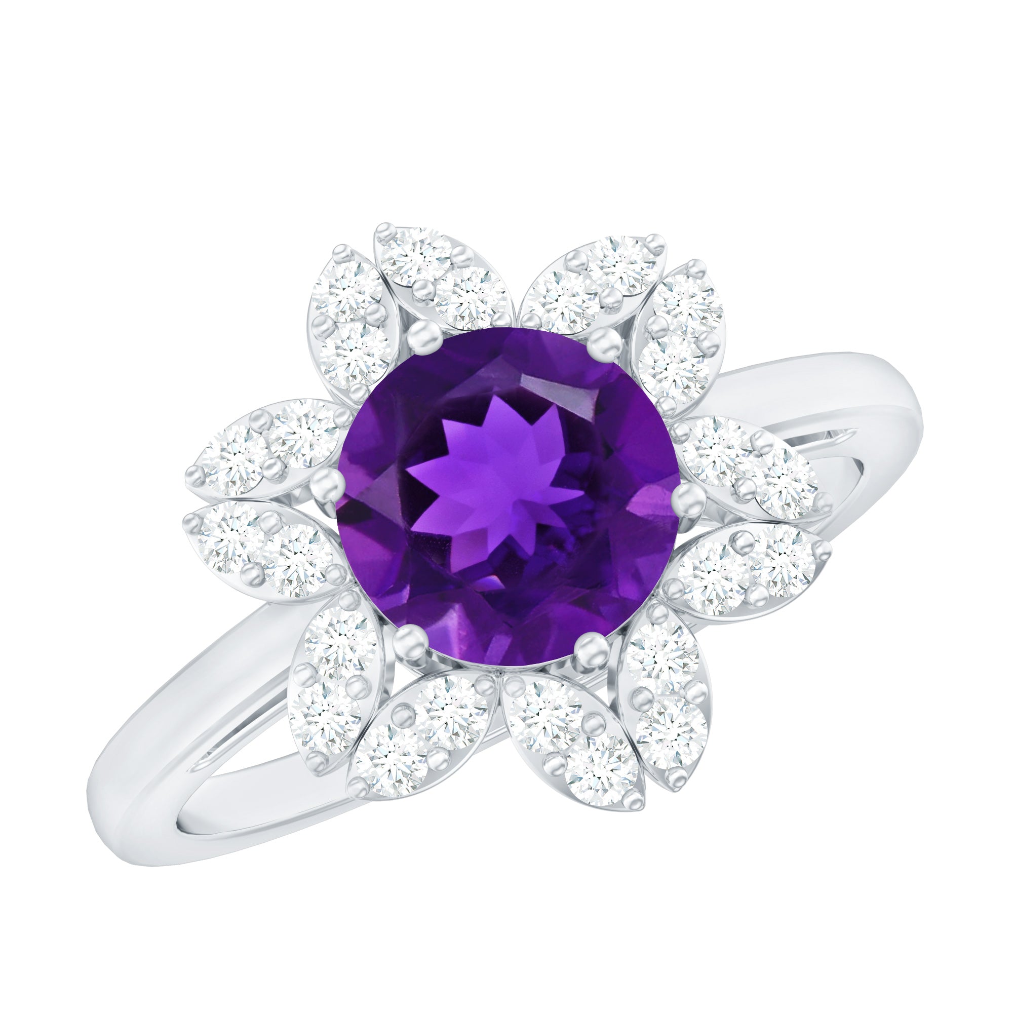 Round Amethyst Flower Engagement Ring with Diamond AAA - Rosec Jewels